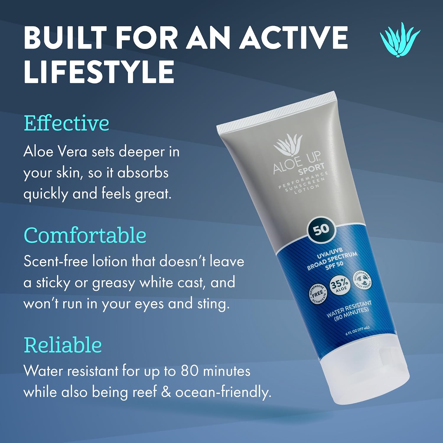 Aloe Up Sport Sunscreen Lotion SPF 50 - Broad Spectrum UVA/UVB Sunscreen Protector for Face and Body - With Hydrating Aloe Vera Gel - Non-Greasy - No White Cast - Reef Safe - Fragrance-Free - 6 Oz.