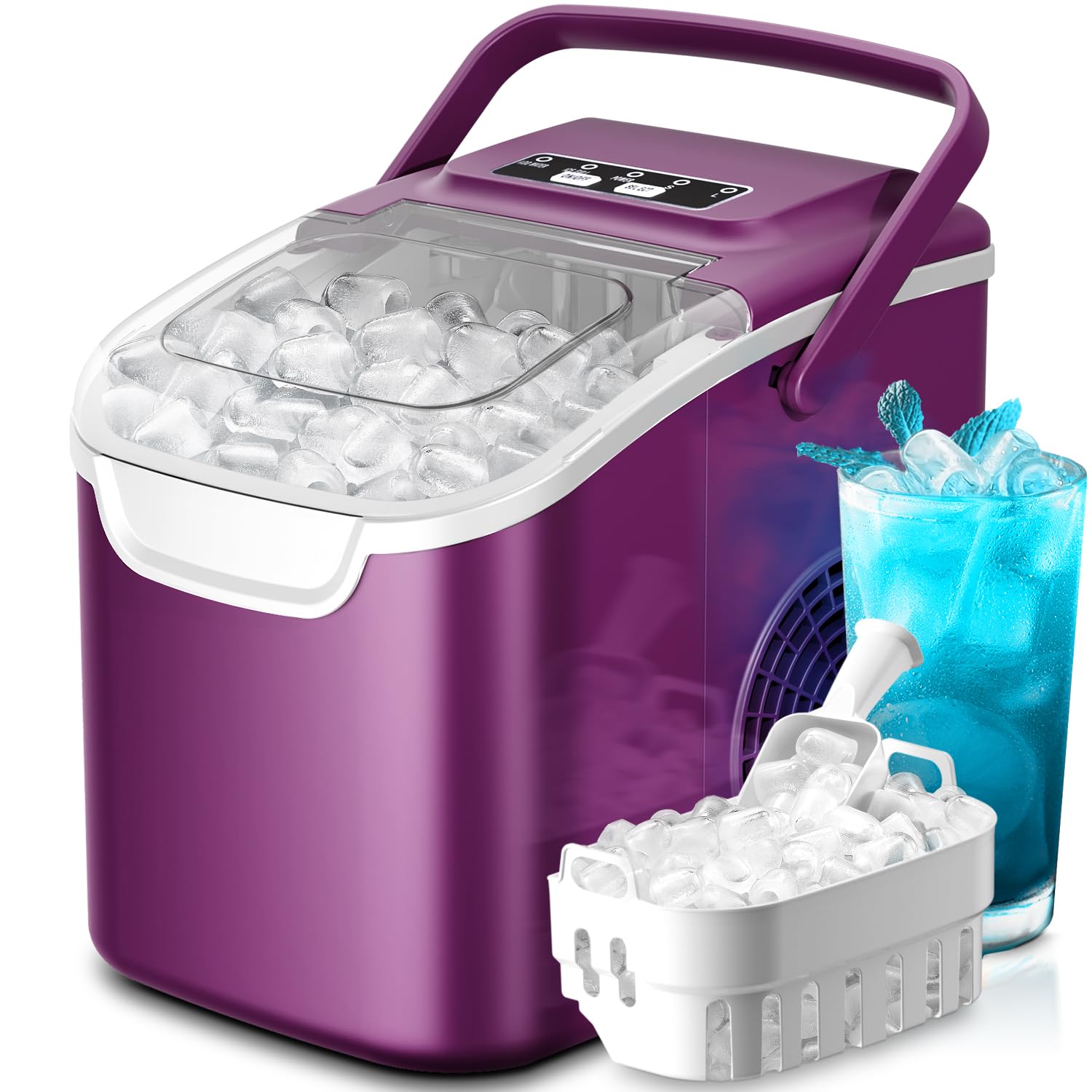 Countertop Portable Ice Maker Machine with Handle, 8 Bullet-Shaped Ice Cubes Ready in 6 Mins, 26Lbs/24H, Self-Cleaning Function with Ice Scoop and Basket for Home/Kitchen/Party (Black)