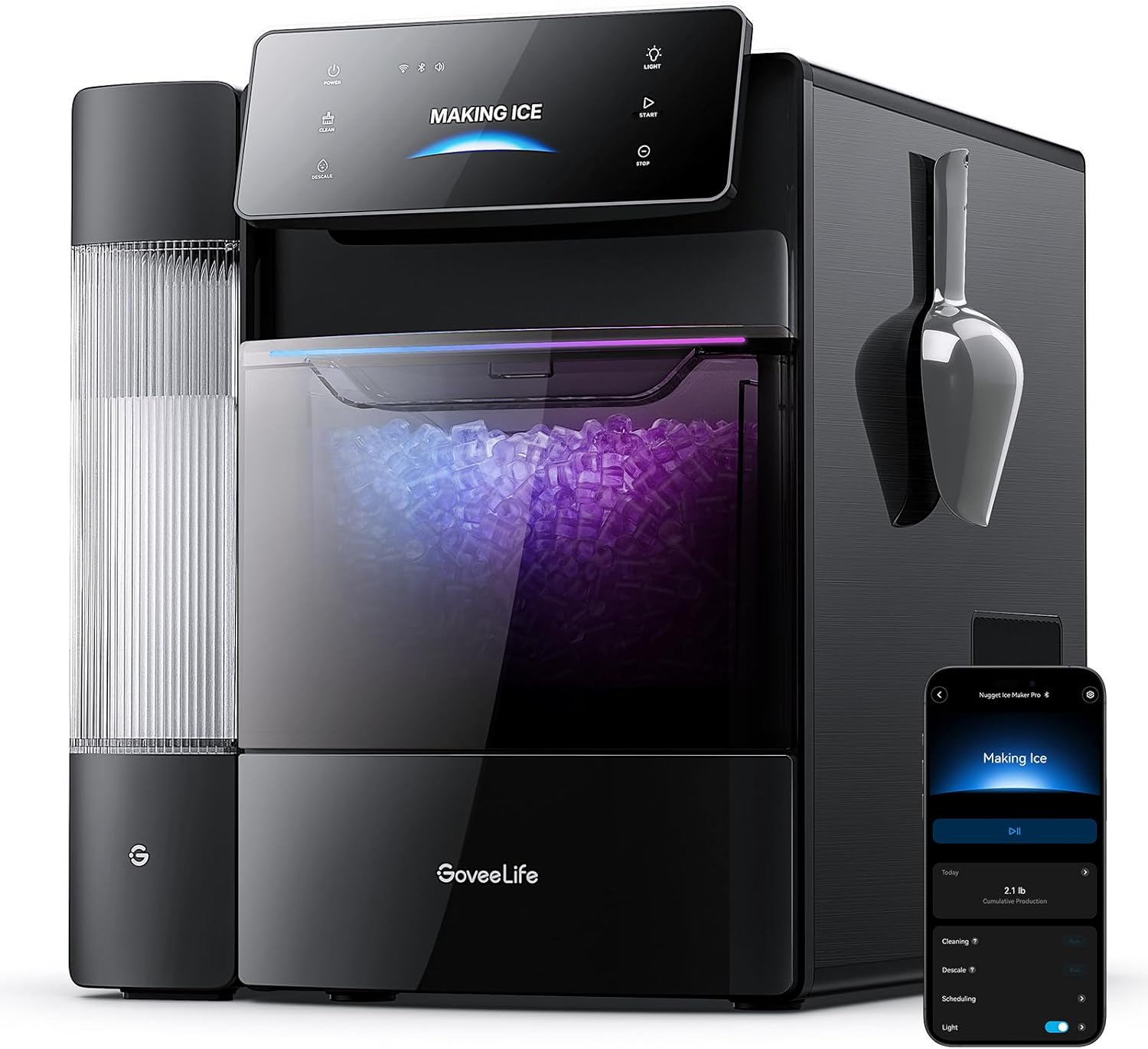GoveeLife Smart Nugget Ice Maker Pro, 60lbs Daily, 6-Minute First Ice, 40dB Ultra-Quiet with AI NoiseGuard, App & Voice Control, Self-Clean, 3.5lbs Basket & Dual Water Tanks, for Home Kitchen, Party