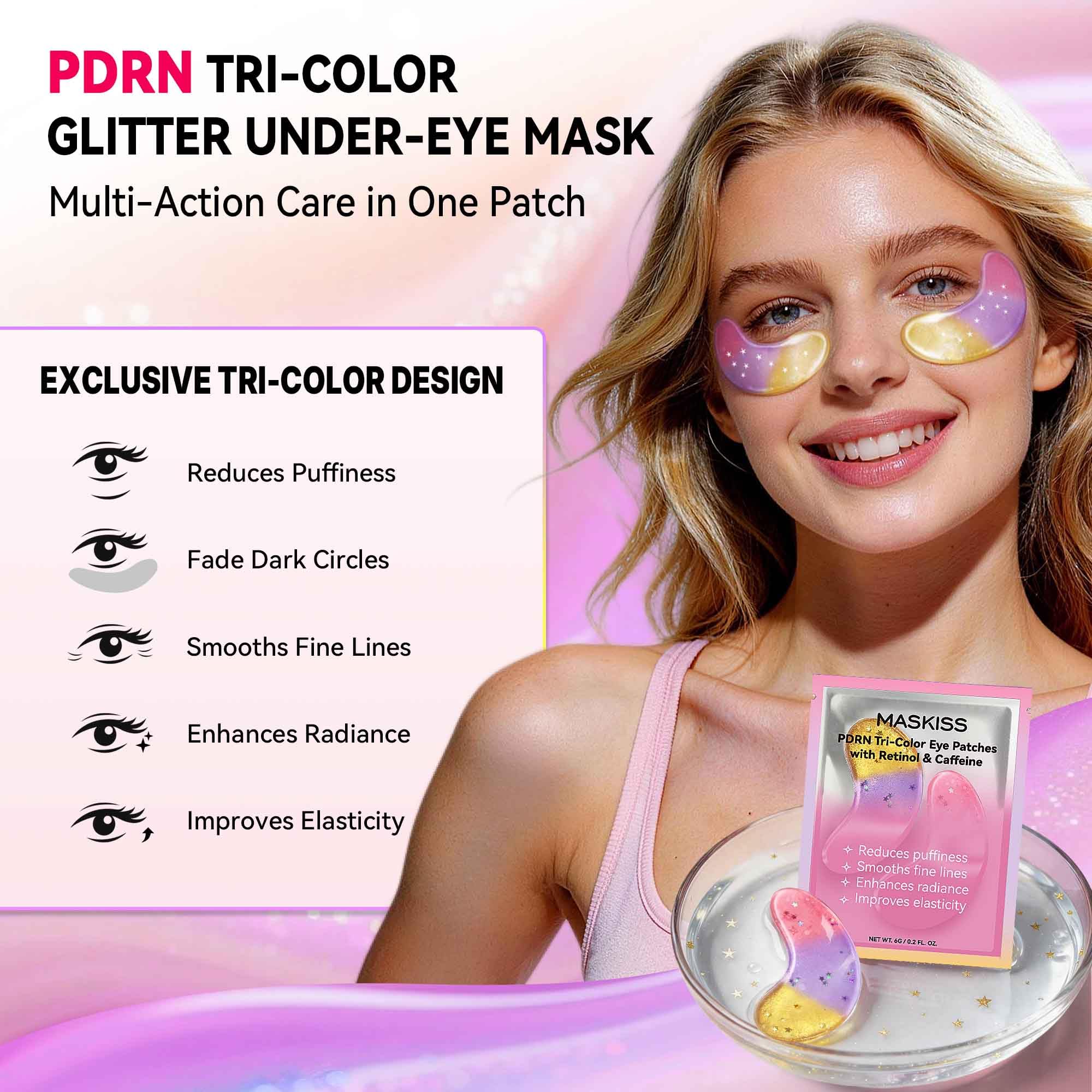 Maskiss PDRN Under Eye Patches (25 Pairs), Tri-Color Eye Gel Pads with Retinol Caffeine, Eye Masks for Dark Circles Puffy Eyes Wrinkles, Collagen Self Care Gifts for Women