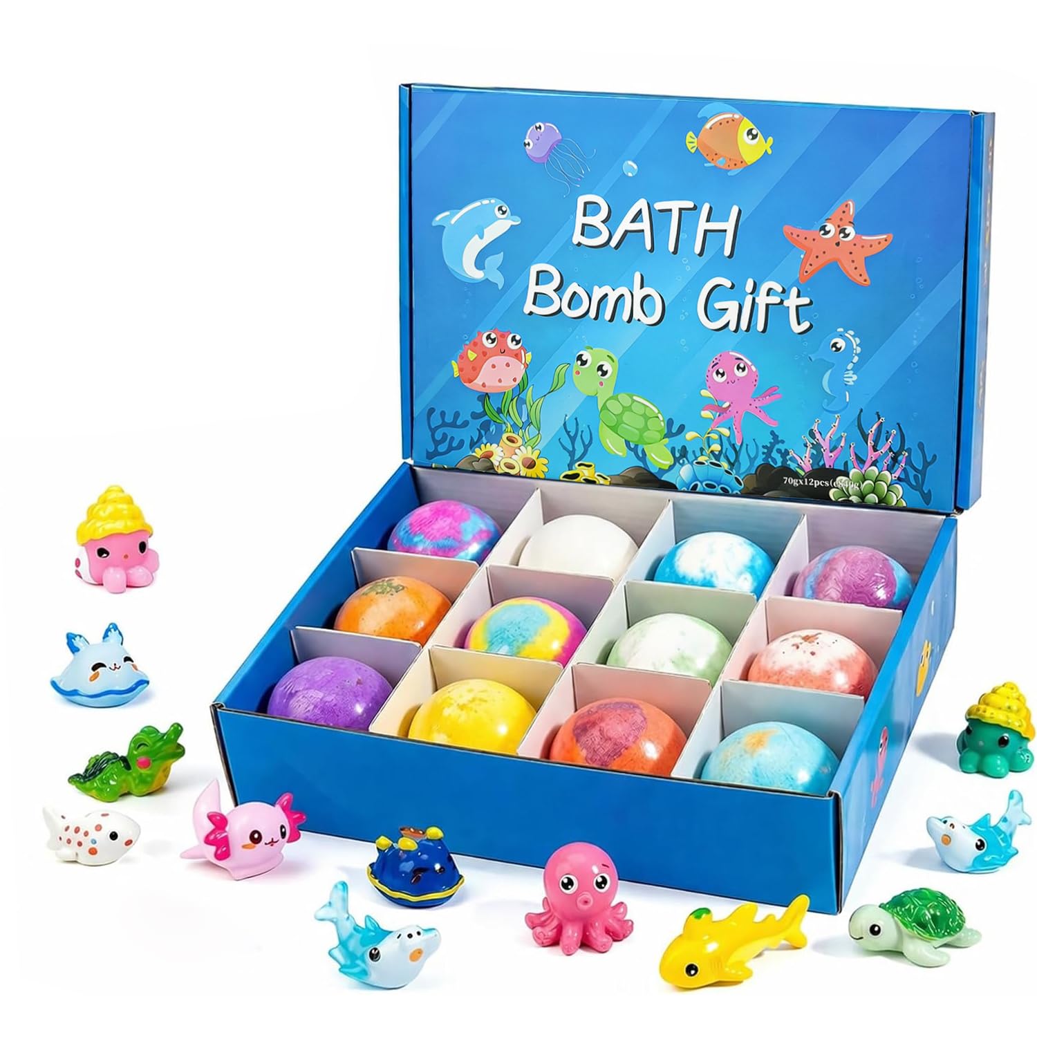 Bath Bombs with Toys Inside, Kids Bath Bombs with Surprise Inside, Play Fizz Bubble Bath Bomb for Boys Girls, Natural Organic Non Toxic Bath Ball Gift Set for Women Men (Sea Animal 12Pcs)