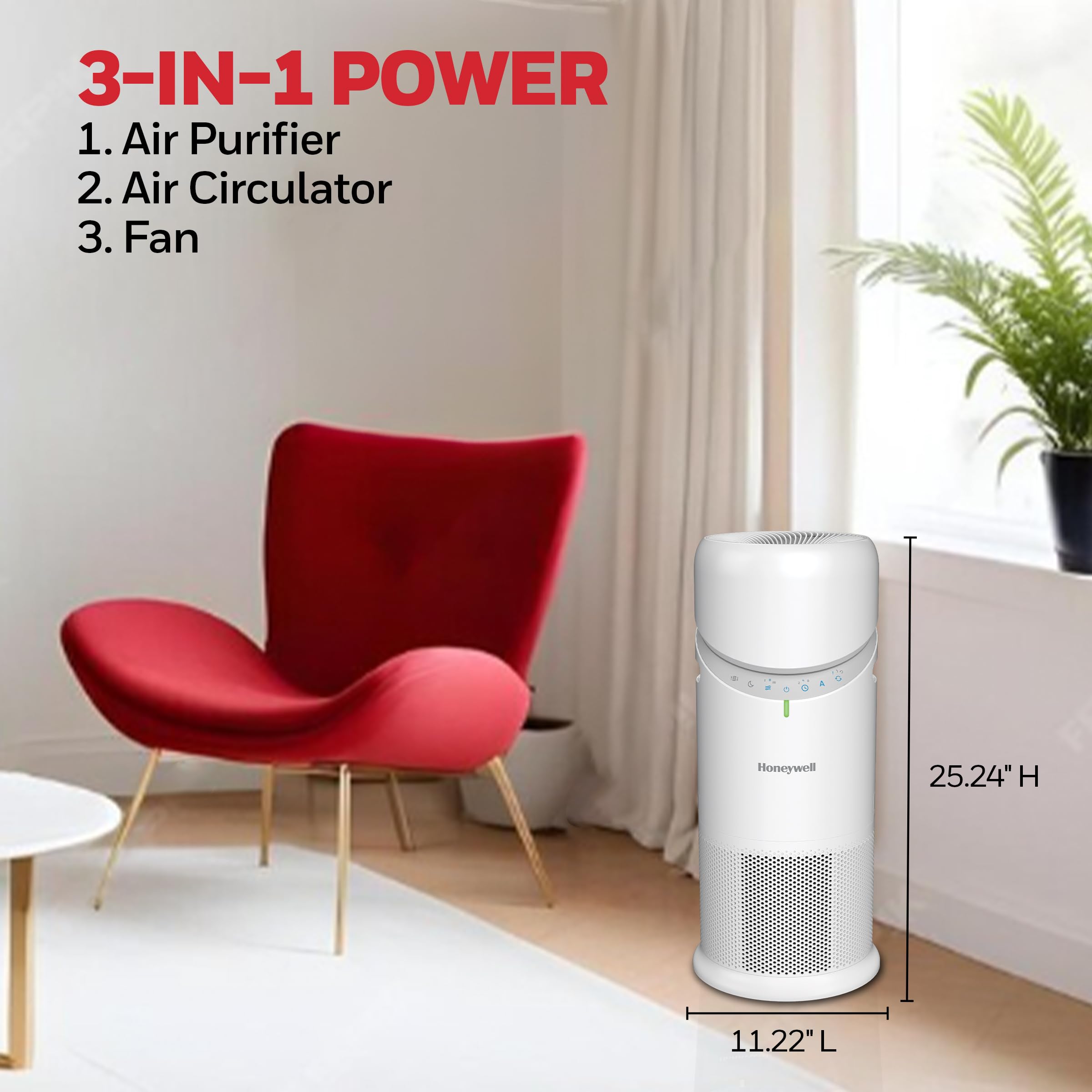 Honeywell Allergen Plus™ 3-in-1 HEPA Air Purifier Fan & Air Circulator, 1928 Ft² Rooms in 1 Hour, Air Quality Sensor, Sleep Mode, Reduces Allergens, Pet Dander, and Odors, White, HPA6000W