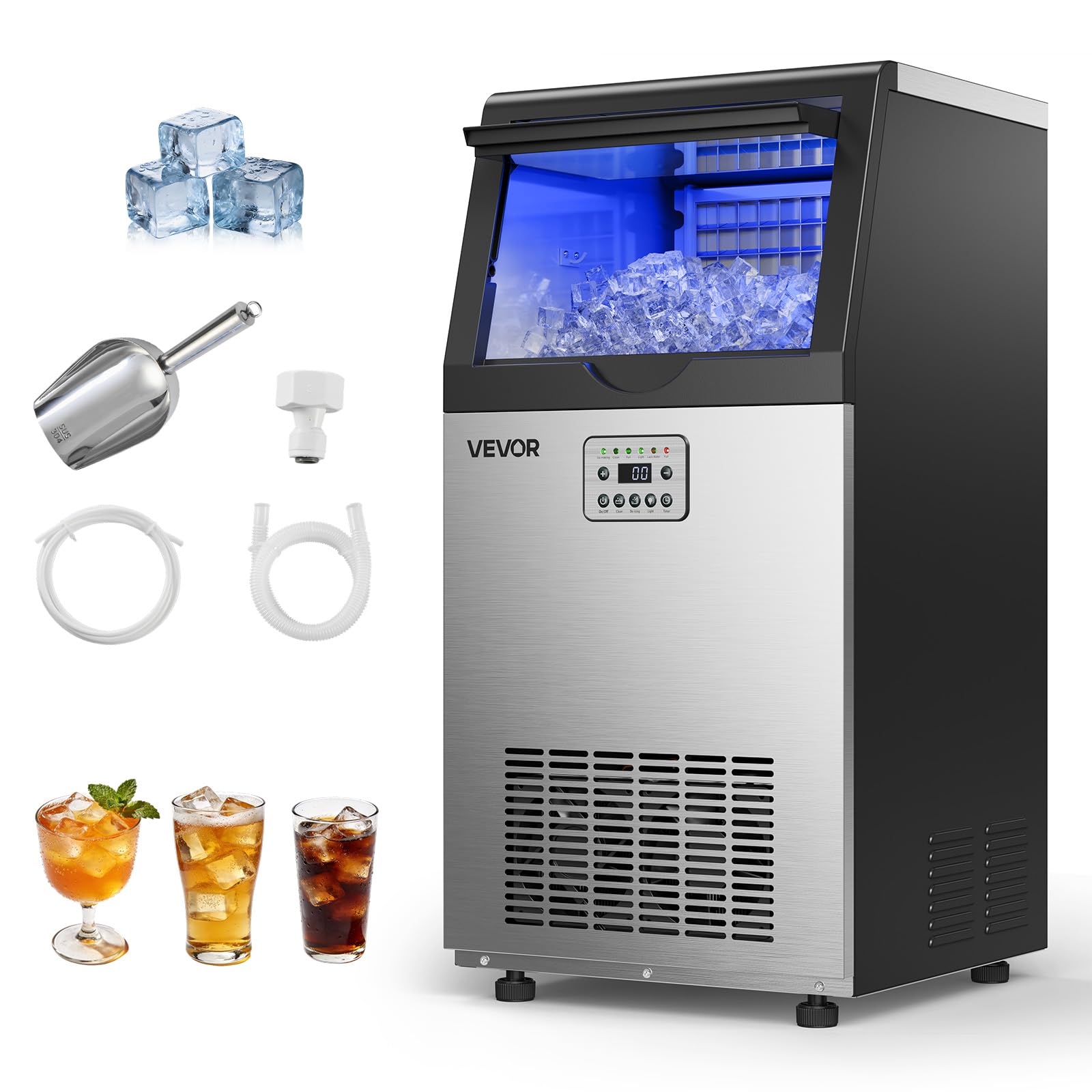 VEVOR Commercial Ice Maker Machine, 80 lbs/24h with 13 lbs Storage Capacity, Countertop/Freestanding/Under Counter, Stainless Steel Ice Maker with LED Display & Self-Cleaning, for Home Bar Restaurant