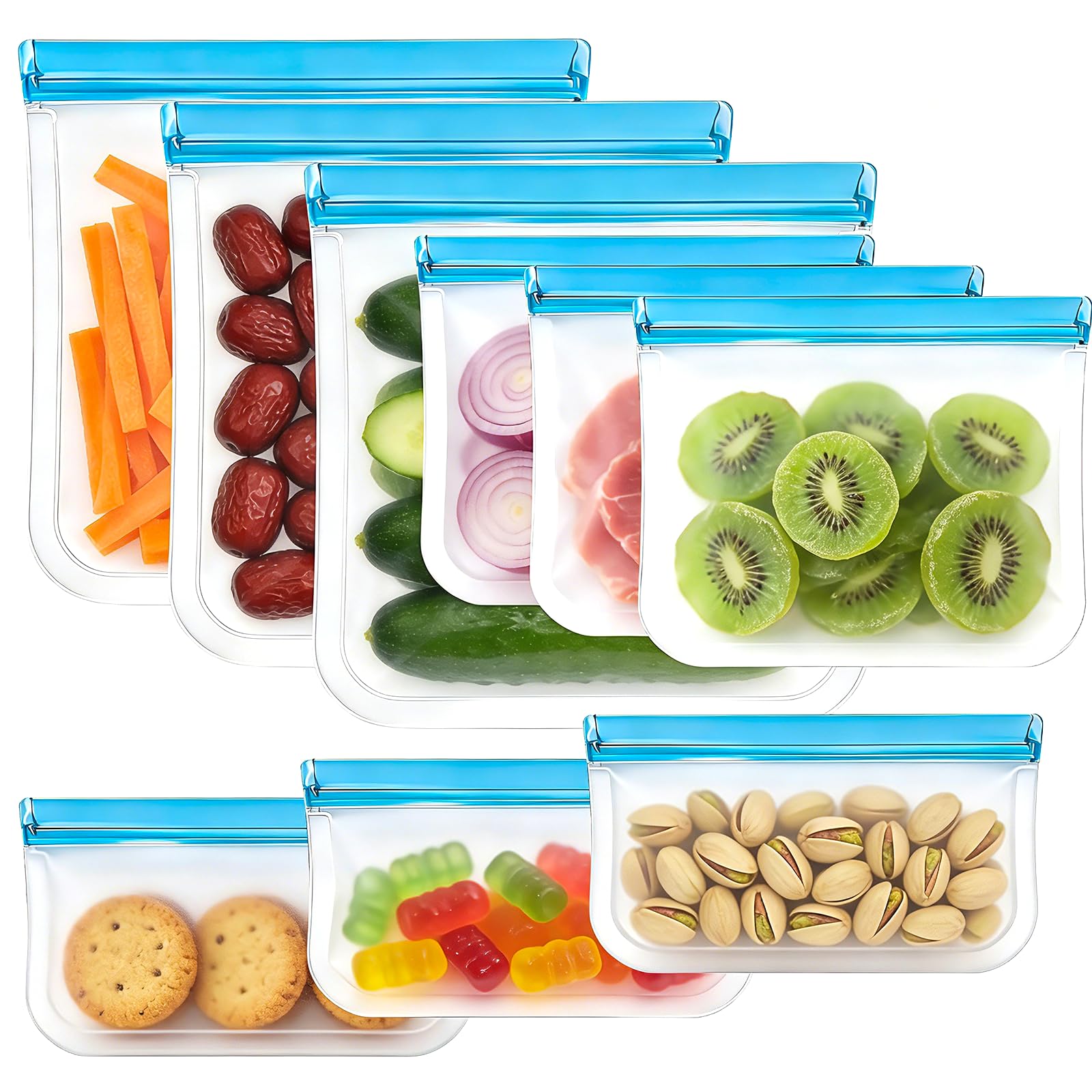 9 Pack Reusable Silicone Food Storage Bags - Freezer & Dishwasher Safe Leakproof Reusable Bags, Freezer Storage Bags Sets - 3 Gallon 3 Snack 3 Sandwich Bags