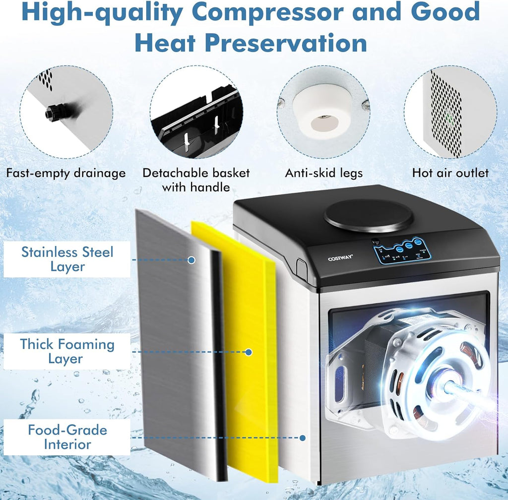 COSTWAY Countertop Ice Maker with Water Dispenser, 3 Sizes Bullet Shaped Ice, 48lbs/Day, Fast Ready in 6 Minutes, Ice Machine with Cold Water for Home Bar Kitchen Office