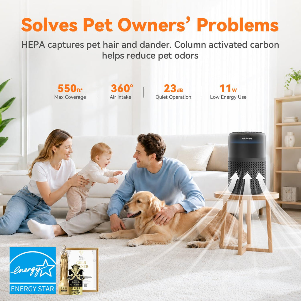 AIRROMI HEPA Air Purifier for Bedroom&Home,Pet Air Purifier for Home Pets,Removes Pet Odor,Cat Litter Smell,Dust,Smoke&Allergies,Quiet Room Air Purifier with Scents,360°Air Cleaner,A2005 Black