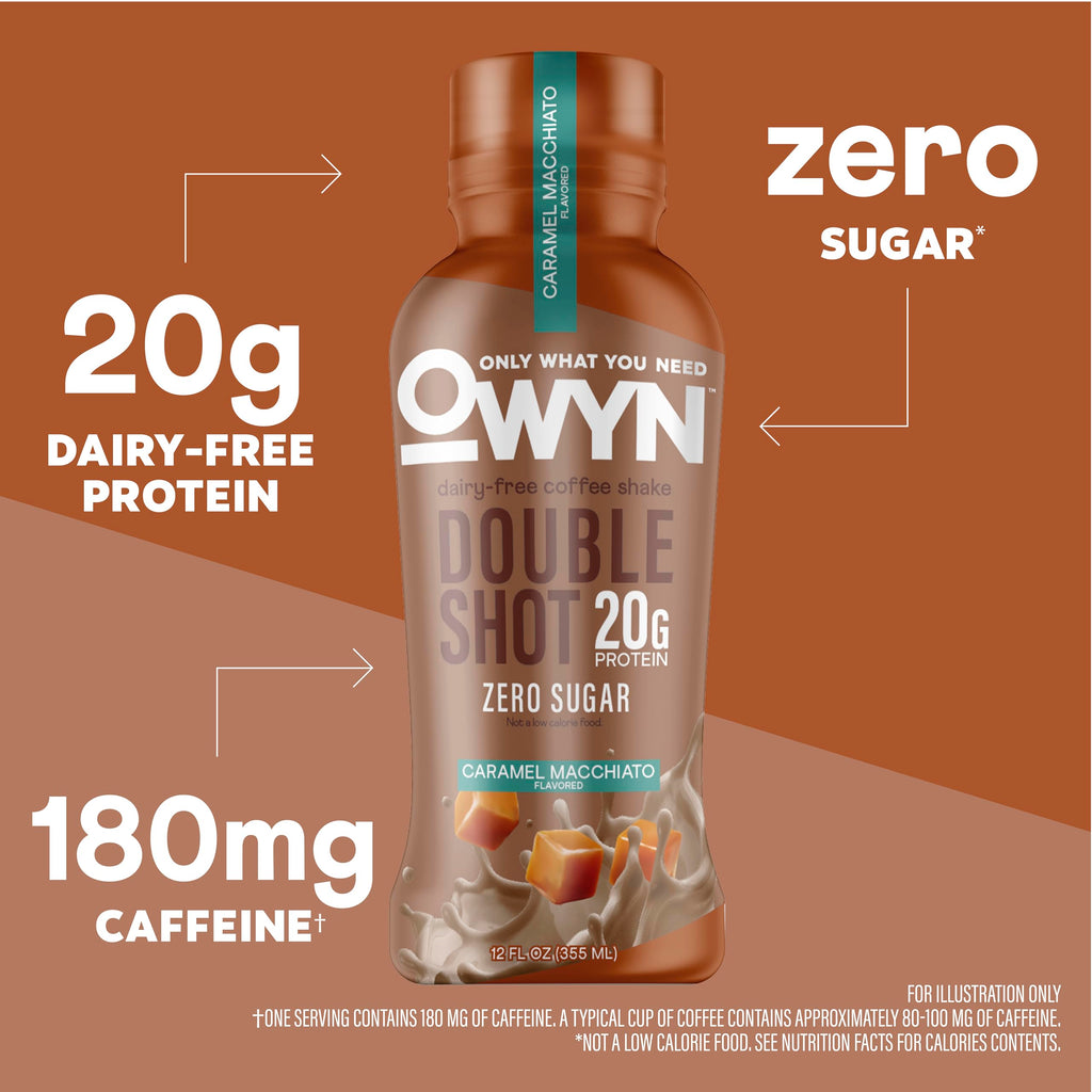 OWYN Only What You Need Double Shot Caramel Macchiato Flavored Protein Shake, 20g Protein, 0g Sugar, 3g Fiber, 180mg Caffeine, Dairy Free, Plant Based Protein Drink, 12 Count
