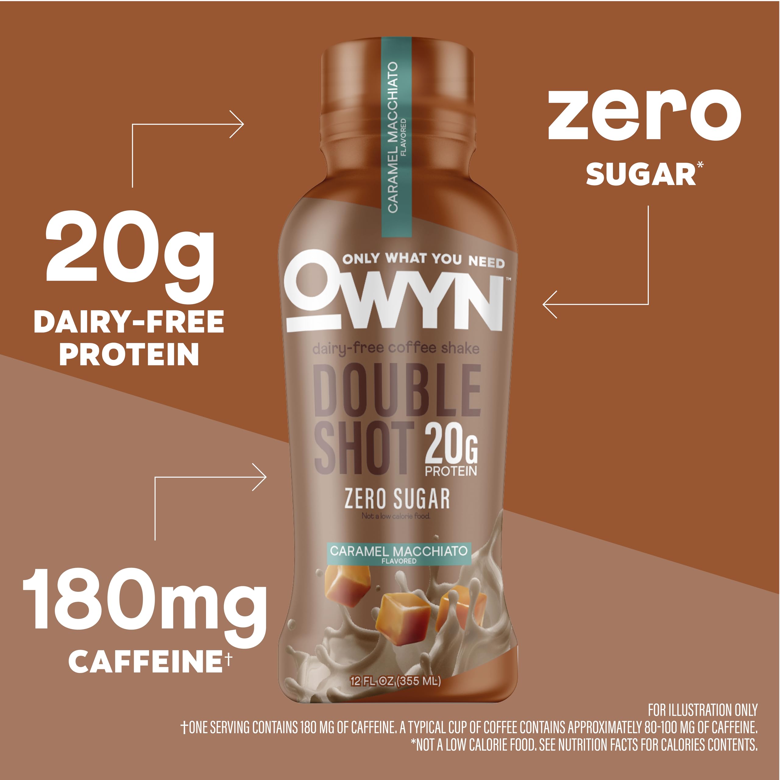 OWYN Only What You Need Double Shot Caramel Macchiato Flavored Protein Shake, 20g Protein, 0g Sugar, 3g Fiber, 180mg Caffeine, Dairy Free, Plant Based Protein Drink, 12 Count