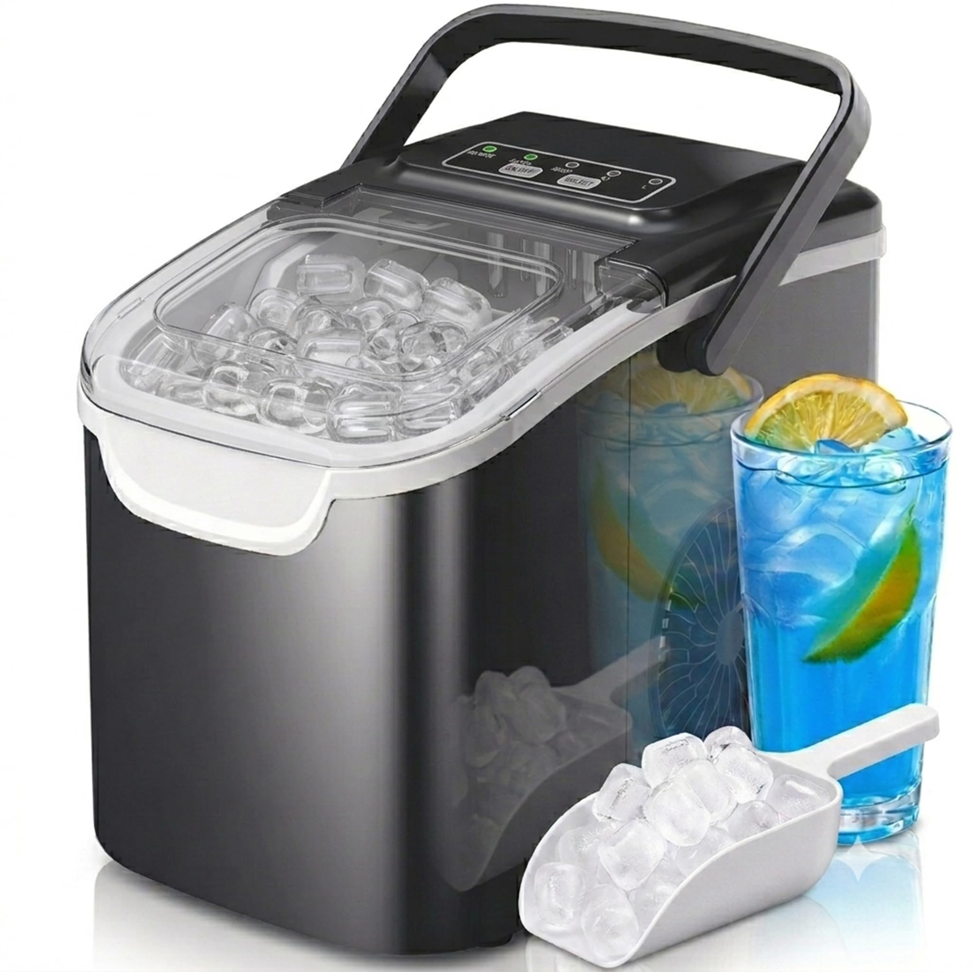 Countertop Portable Ice Maker Machine with Handle, 8 Bullet-Shaped Ice Cubes Ready in 6 Mins, 26Lbs/24H, Self-Cleaning Function with Ice Scoop and Basket for Home/Kitchen/Party (Black)