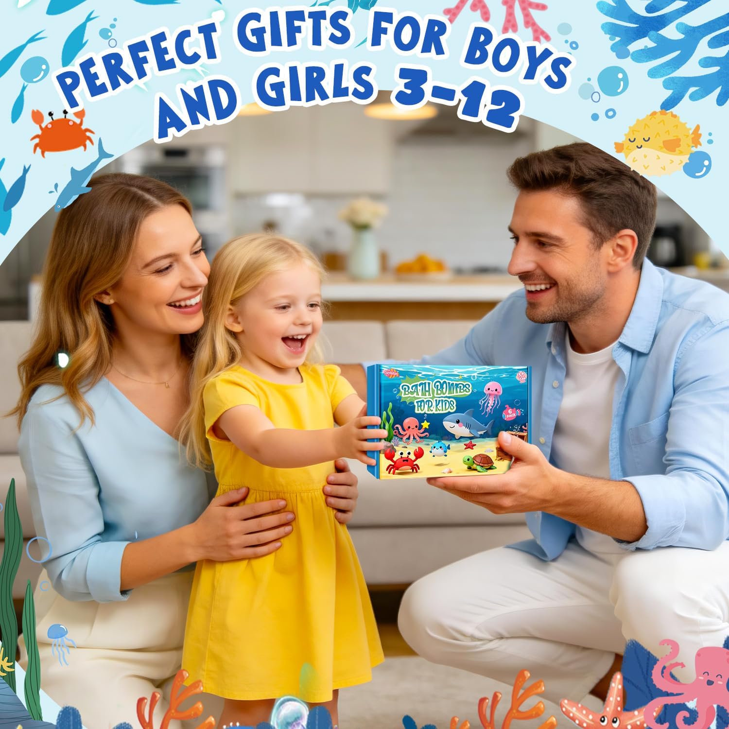Bath Bombs for Kids Marine Animal Shaped, STEM 6 Pack Natural Organic Handmade Fizz Bubble Bath, Gentle Skin Friendly Bath Bomb Gift Set for Boys Girls Birthday, Kids Bath Time Fun