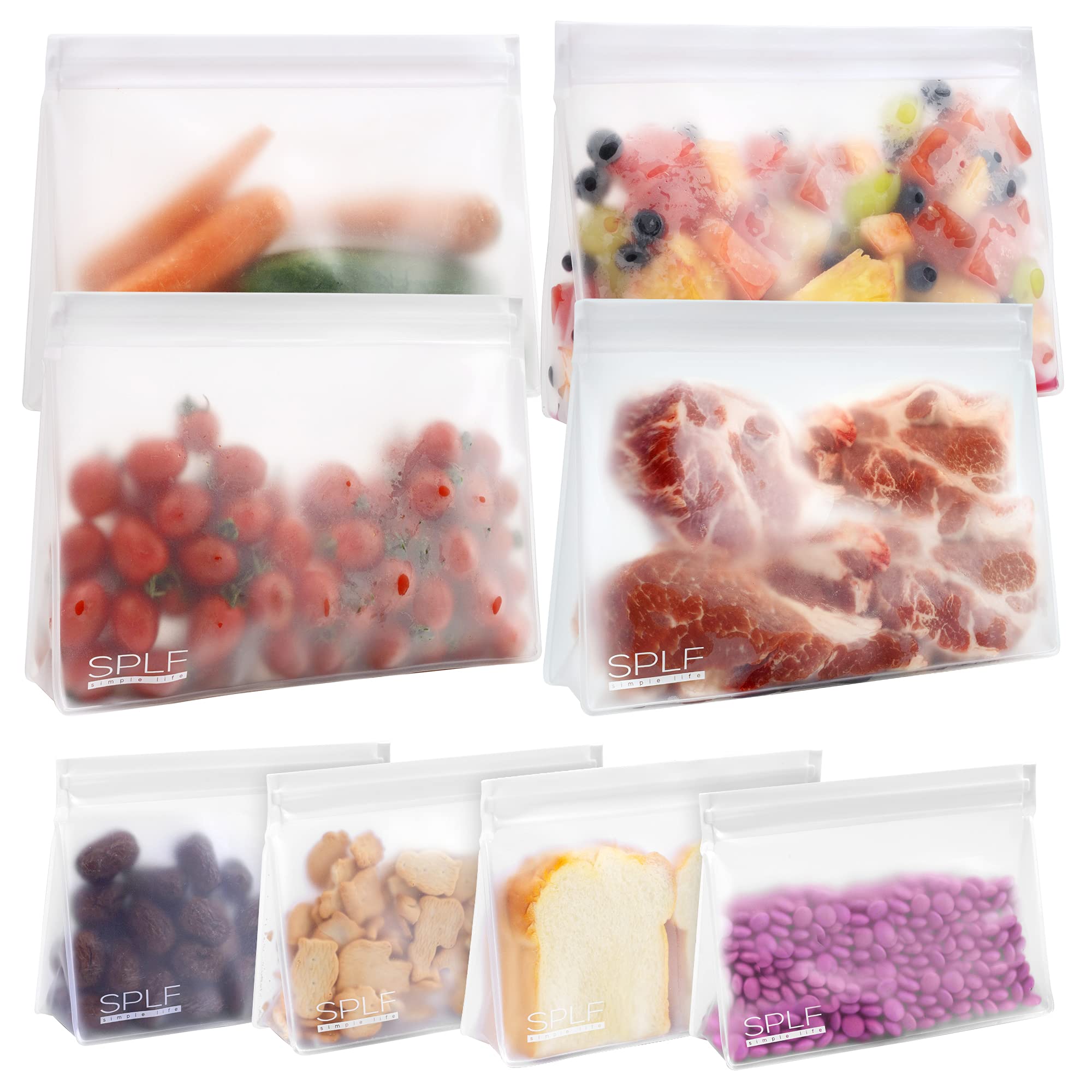 SPLF 4 Pack Dishwasher Safe Reusable Storage Bags, Reusable Gallon Freezer Bags, BPA FREE Stand Up Extra Thick Leakproof Silicone and Plastic Free Zipper Sandwich Snack Lunch Food Bags