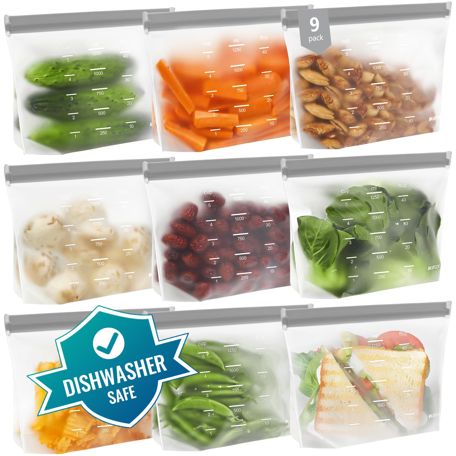 IDEATECH Reusable Bags Dishwasher Safe, BPA Free Reusable Gallon Freezer Bags, Stand Up Leakproof Food Storage Bags for Marinate Meats, Salad Fruit, Home Organization 6 Large+ 6 Sandwich+ 8 Snack Bags