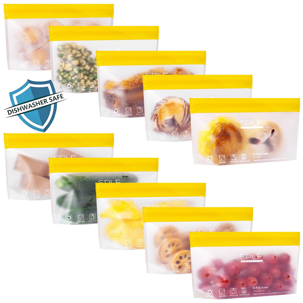 SPLF 10 Pack Stand-Up Reusable Quart Freezer Bags Dishwasher Safe, Extra Thick Leakproof 1 Quart Food Storage Bags, BPA Free Bags for Meal Prep, Sandwich, Snack, Fridge Organization