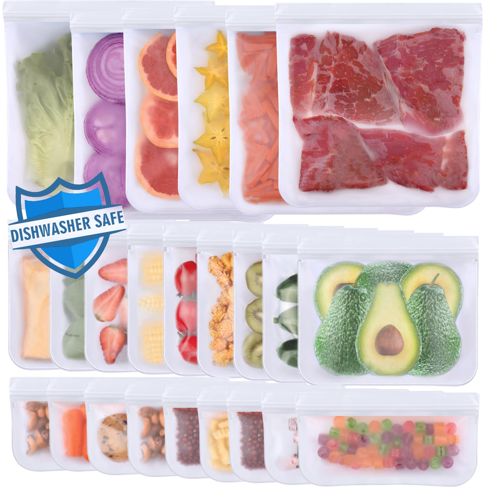 Lerine 10 Pack Dishwasher Safe Reusable Bags, Leakproof Reusable Freezer Bags, BPA Free Food Storage Bags for Marinate Food Travel - 3 Gallon 4 Sandwich 3 Snack
