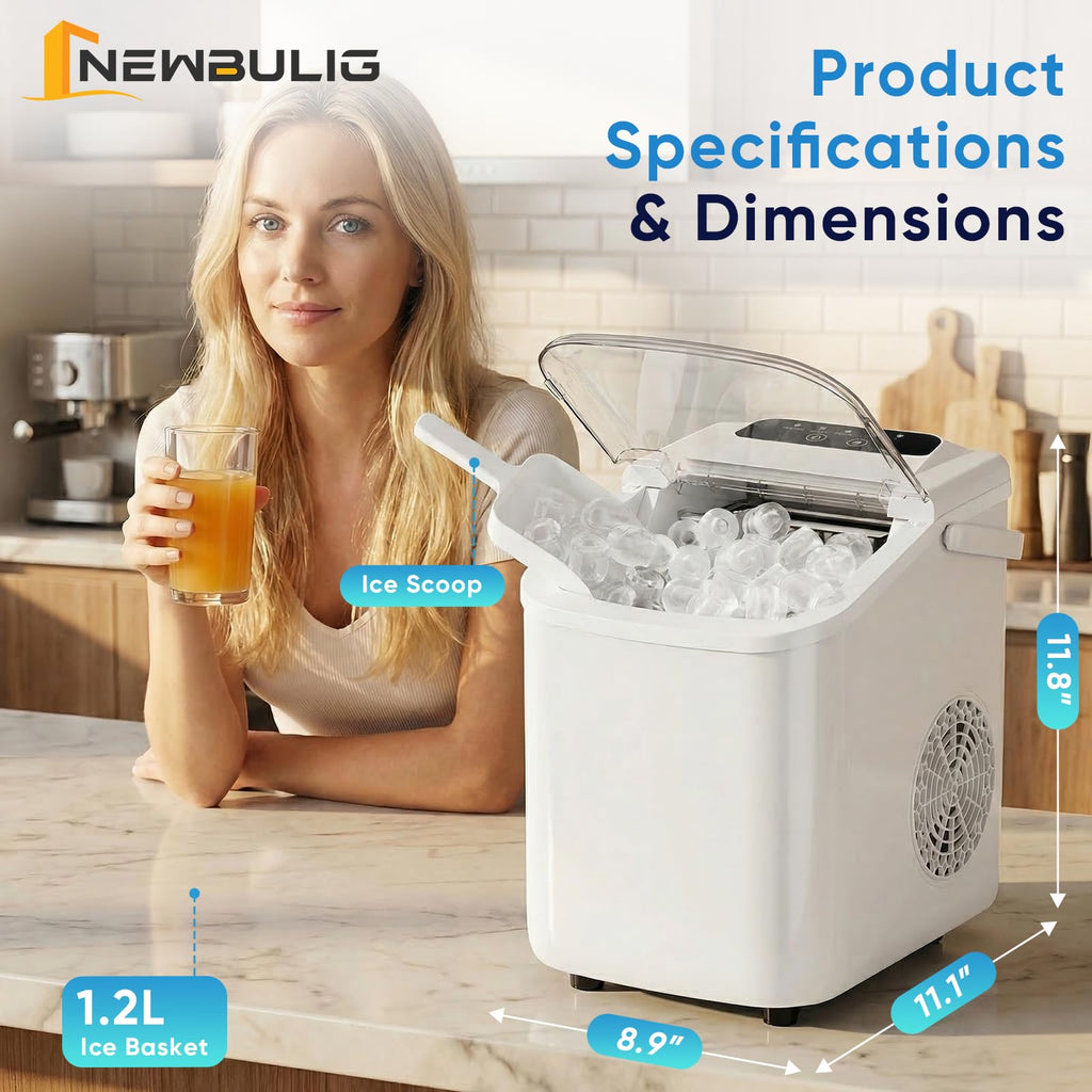 NEWBULIG Ice Maker, Countertop Ice Machine with Handle | 9 Bullet Cubes in 6-8 Mins, 26lbs Daily, Self-Cleaning with Basket and Scoop for Home/Kitchen/Camping/RV