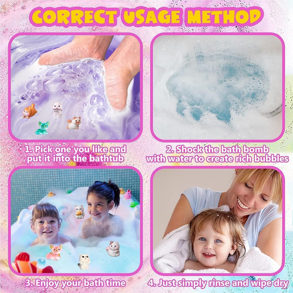 Kids Bath Bombs with Surprise Inside, 20 Pack Bring Dog and cat Toys Gift Set, Natural Organic Bubble Bath Foam Bath