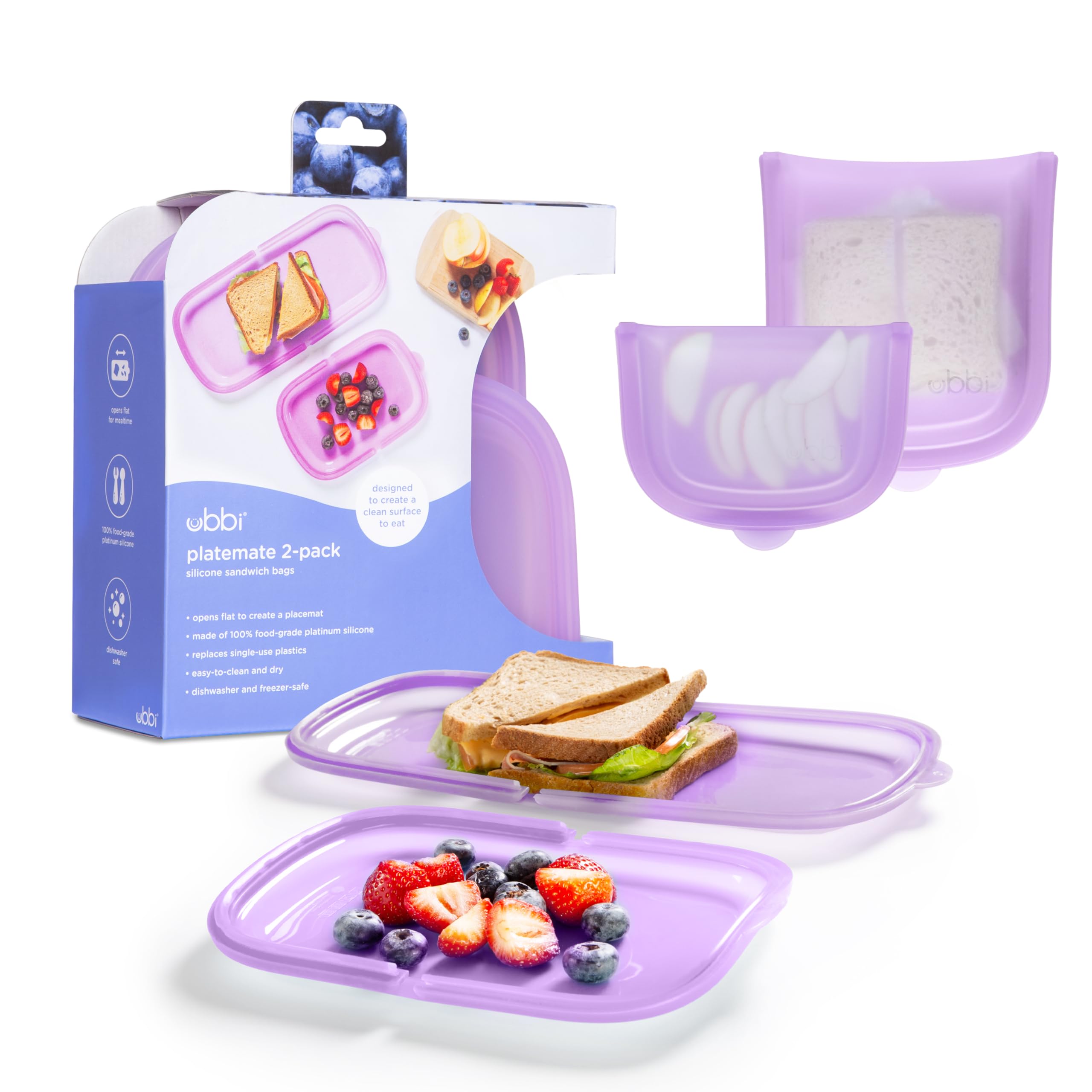 Ubbi Platemate Reusable Silicone Storage Bag, Smoothie Purple | Opens Flat as Placemat, Dishwasher & Freezer-Safe, Lunch Container, Leakproof Sandwich & Snack Bag, Easy to Clean, BPA-Free