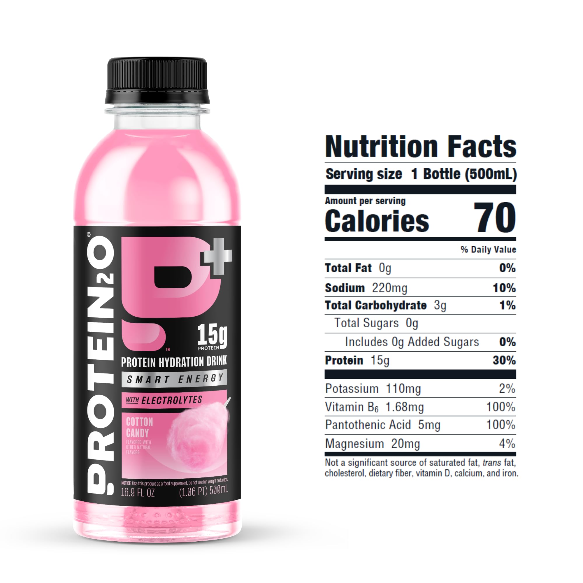 Protein2o 15g Whey Protein Isolate Hydration Drink Plus Energy & Focus, 350mg of Electrolytes, Vitamins B5 & B6, Sugar Free, Cotton Candy, 16.9 oz Bottle (Pack of 12)