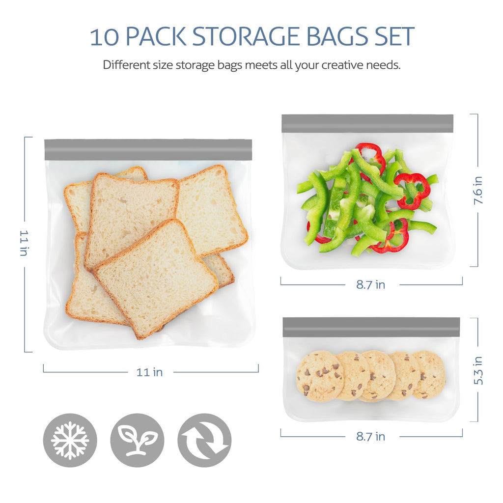 Reusable Gallon Freezer Bags, 10 Pack Dishwasher Safe Silicone Food Snack Storage Bags with 3 Sizes for Snack, Sandwich, Lunch
