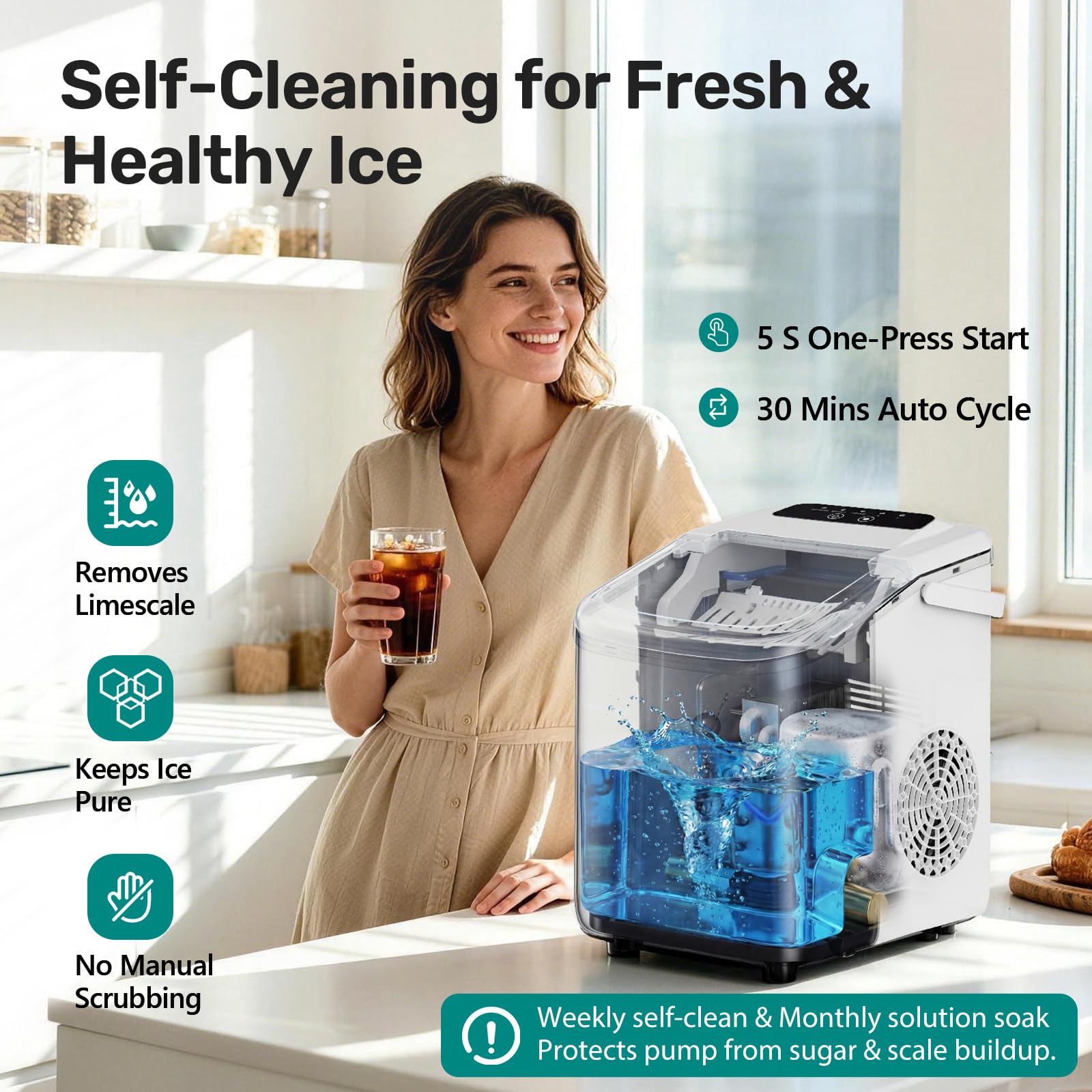 OLIXIS Countertop Ice Maker with Self-Cleaning, Portable Ice Maker Machine with Scoop, 26Lbs/24H, 9 Cubes in 6 Mins, 2 Sizes of Bullet for Home, Kitchen, Office, White