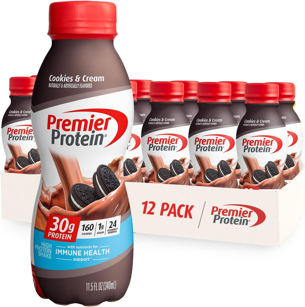 Premier Protein Shake Cookies & Cream and Bananas & Cream, 30g Protein, 1g Sugar, 24 Vitamins & Minerals, 12 Pack Bundle
