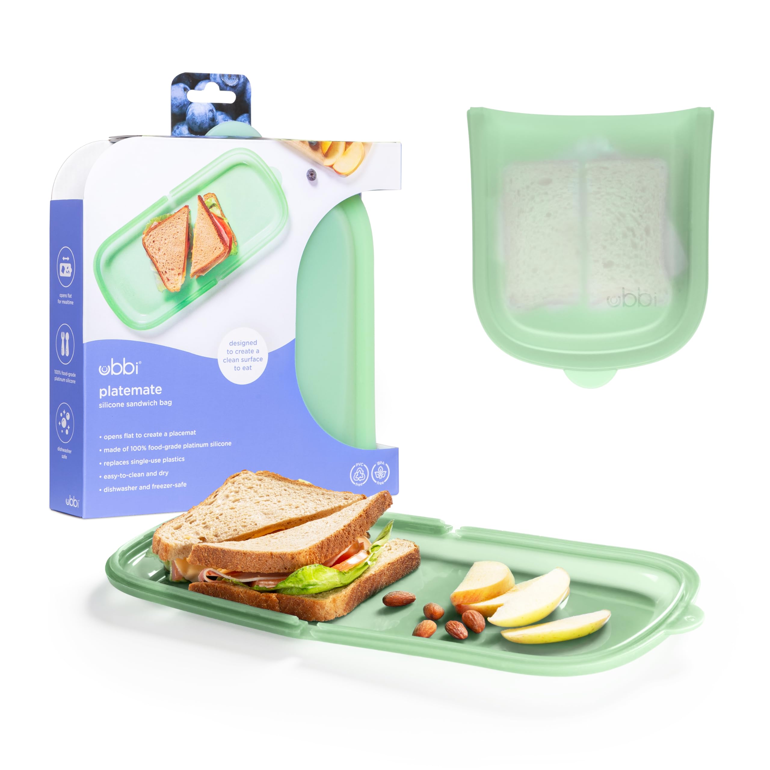 Ubbi Platemate Reusable Silicone Storage Bag, Smoothie Purple | Opens Flat as Placemat, Dishwasher & Freezer-Safe, Lunch Container, Leakproof Sandwich & Snack Bag, Easy to Clean, BPA-Free