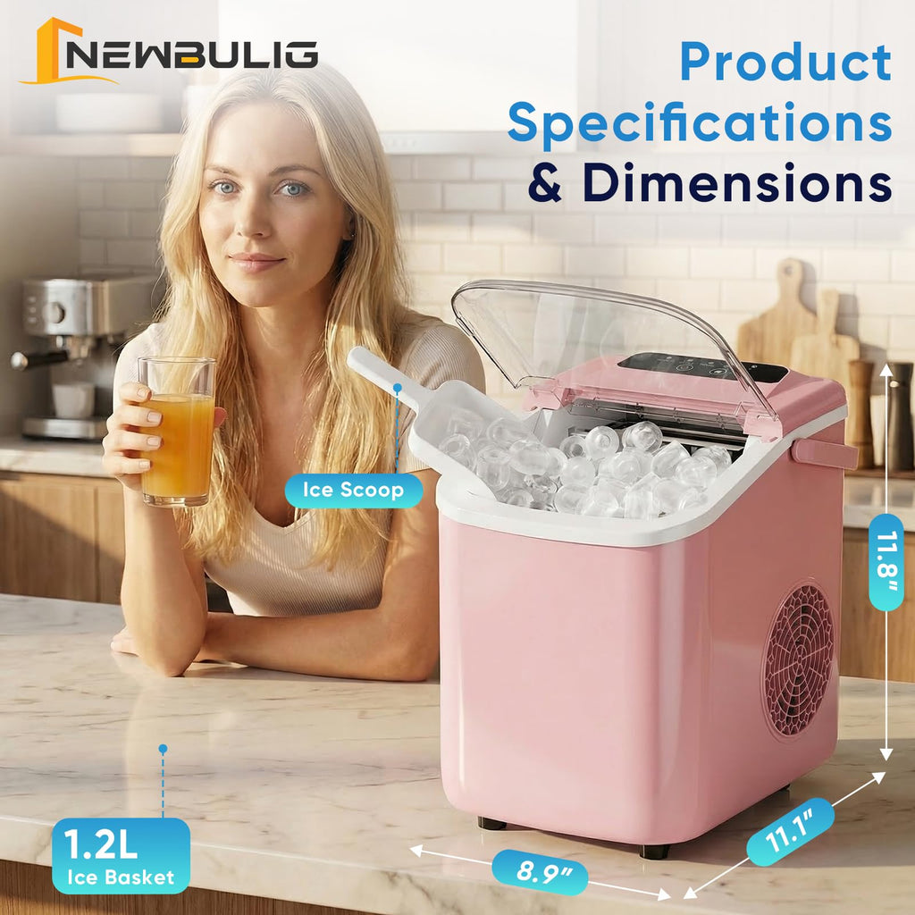 NEWBULIG Ice Maker, Countertop Ice Machine with Handle | 9 Bullet Cubes in 6-8 Mins, 26lbs Daily, Self-Cleaning with Basket and Scoop for Home/Kitchen/Camping/RV