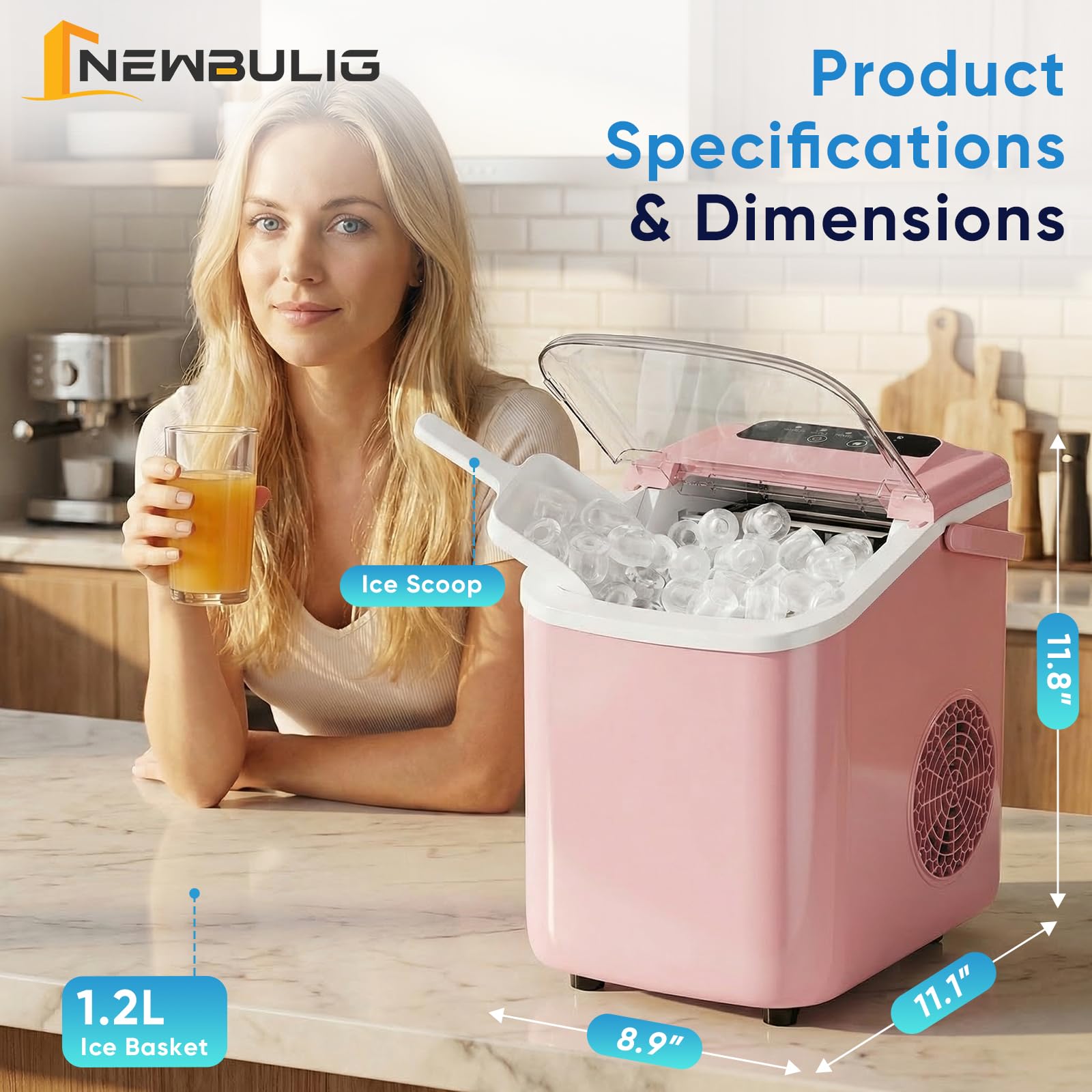 NEWBULIG Ice Maker, Countertop Ice Machine with Handle | 9 Bullet Cubes in 6-8 Mins, 26lbs Daily, Self-Cleaning with Basket and Scoop for Home/Kitchen/Camping/RV