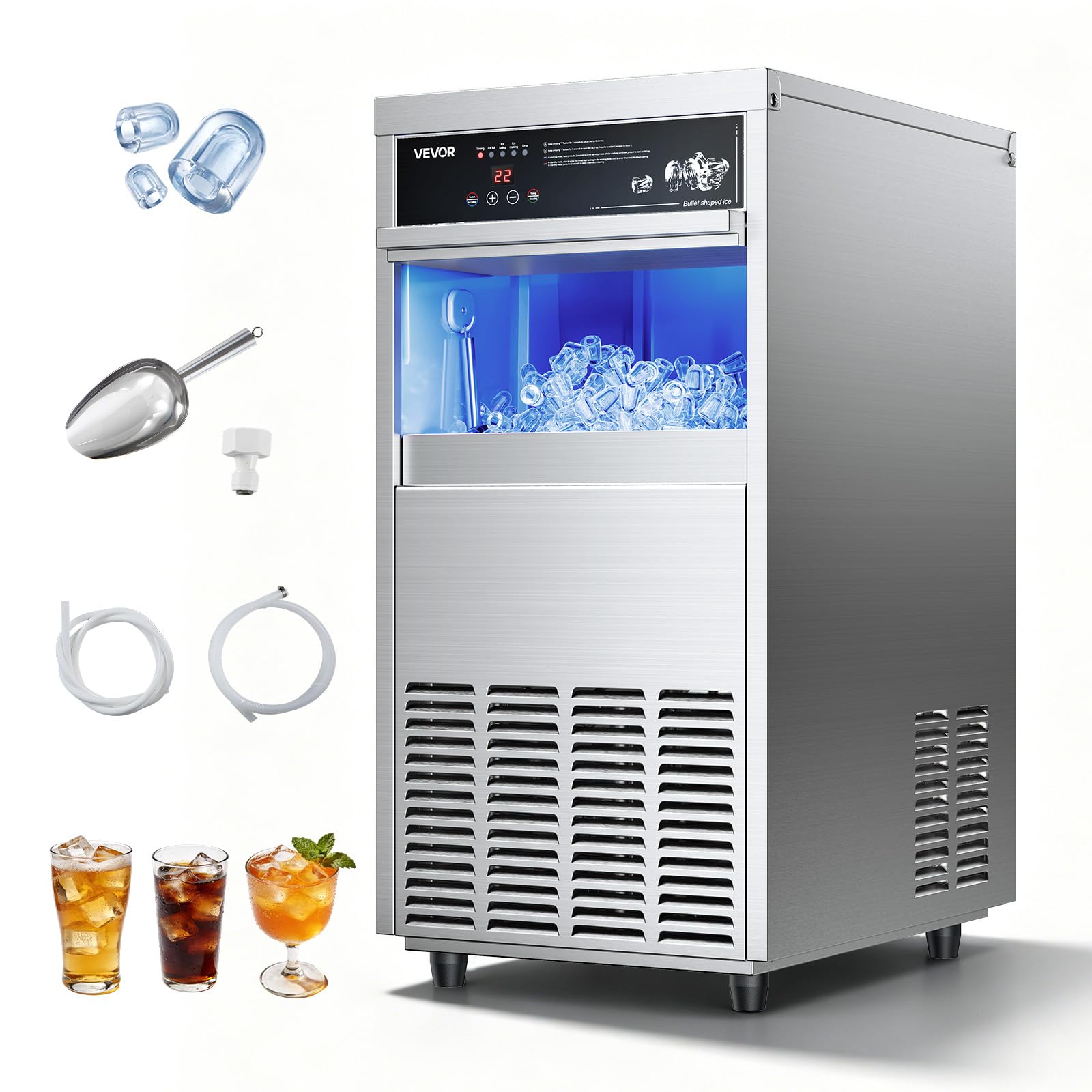 VEVOR Commercial Ice Maker Machine, 80 lbs/24h with 13 lbs Storage Capacity, Countertop/Freestanding/Under Counter, Stainless Steel Ice Maker with LED Display & Self-Cleaning, for Home Bar Restaurant