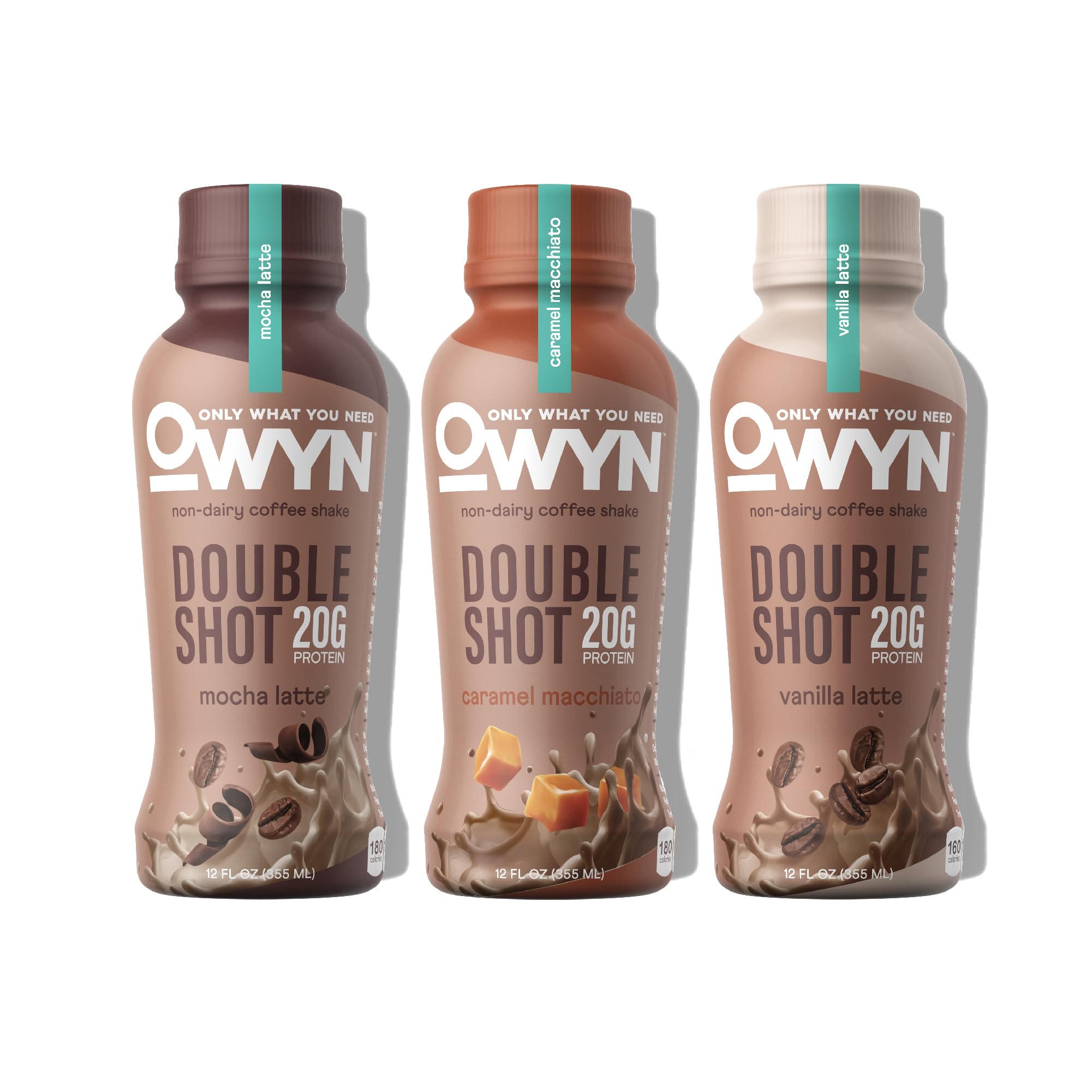 OWYN Only What You Need Double Shot Caramel Macchiato Flavored Protein Shake, 20g Protein, 0g Sugar, 3g Fiber, 180mg Caffeine, Dairy Free, Plant Based Protein Drink, 12 Count