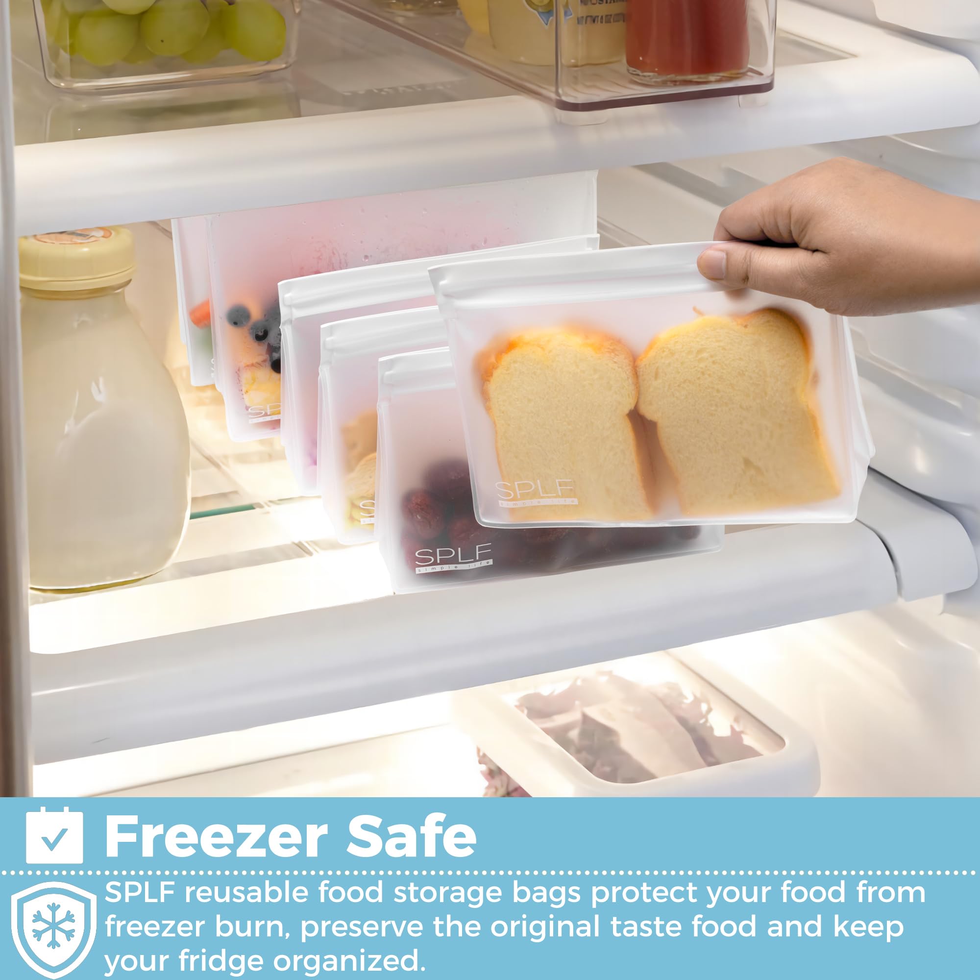 SPLF 4 Pack Dishwasher Safe Reusable Storage Bags, Reusable Gallon Freezer Bags, BPA FREE Stand Up Extra Thick Leakproof Silicone and Plastic Free Zipper Sandwich Snack Lunch Food Bags