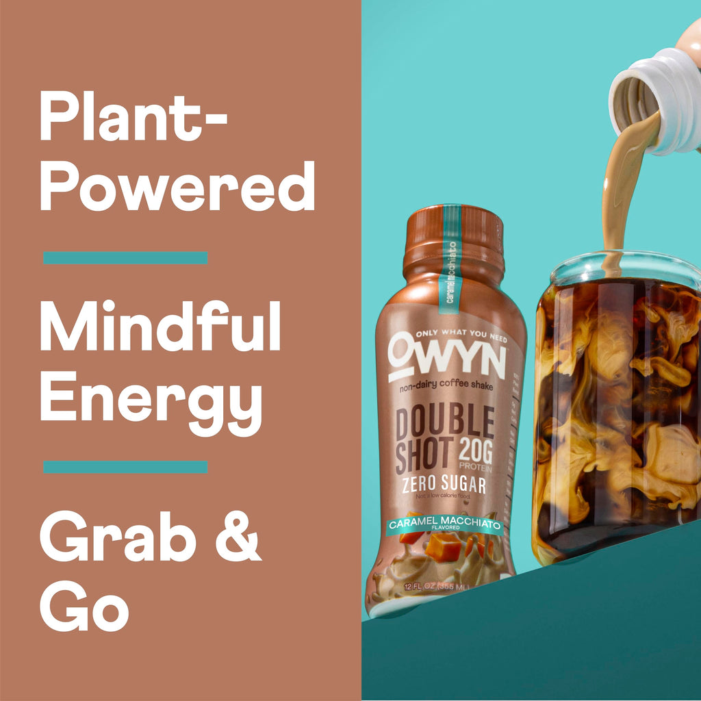 OWYN Only What You Need Double Shot Caramel Macchiato Flavored Protein Shake, 20g Protein, 0g Sugar, 3g Fiber, 180mg Caffeine, Dairy Free, Plant Based Protein Drink, 12 Count