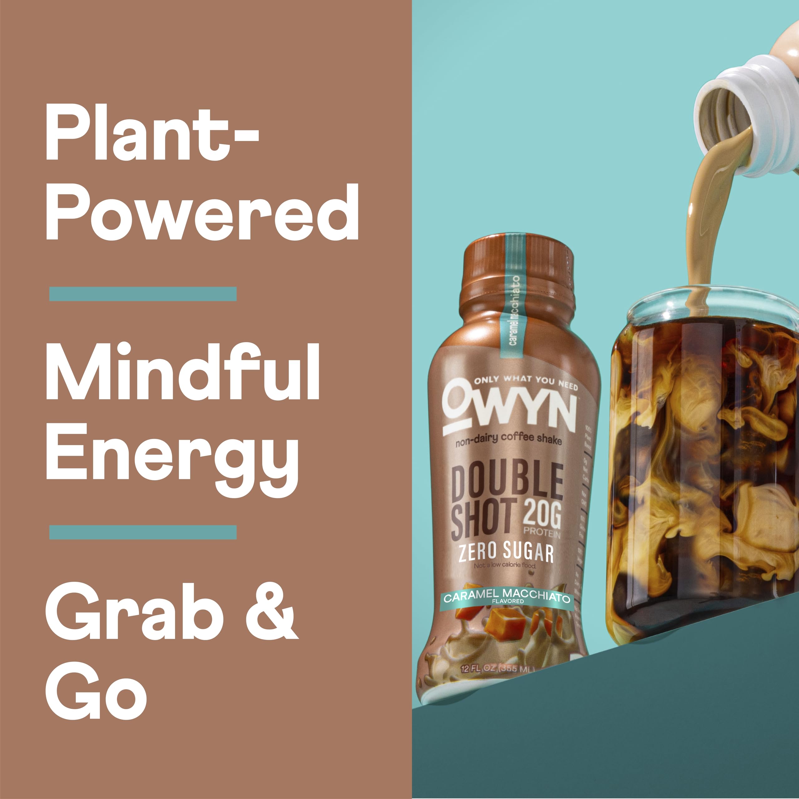 OWYN Only What You Need Double Shot Caramel Macchiato Flavored Protein Shake, 20g Protein, 0g Sugar, 3g Fiber, 180mg Caffeine, Dairy Free, Plant Based Protein Drink, 12 Count