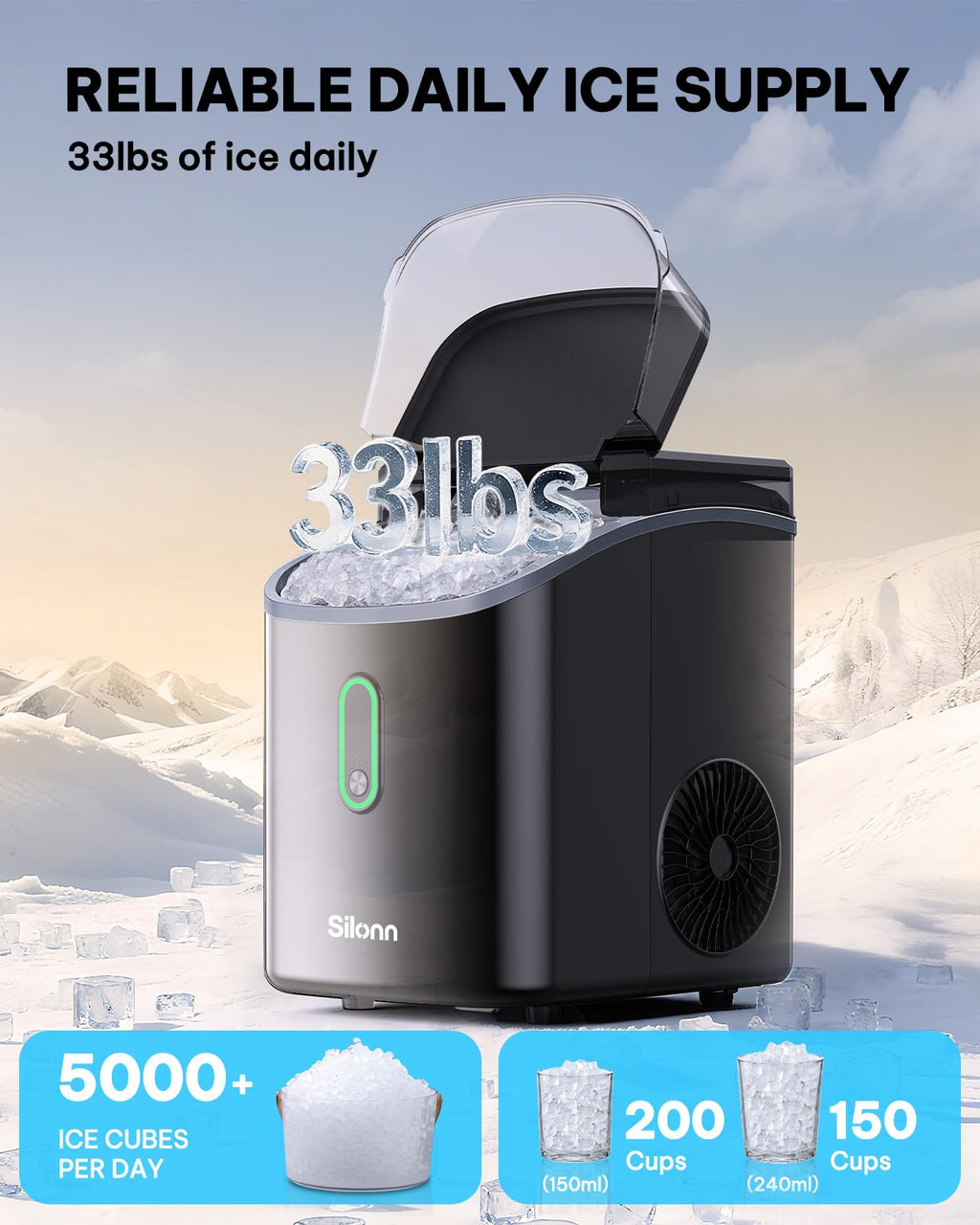 Silonn Nugget Ice Maker Countertop Pellet Machine with Self-Cleaning, Black | 36 lbs/24H, ice in 6 mins, soft chewable ice, removable cover, quiet operation, LED control panel, compact design