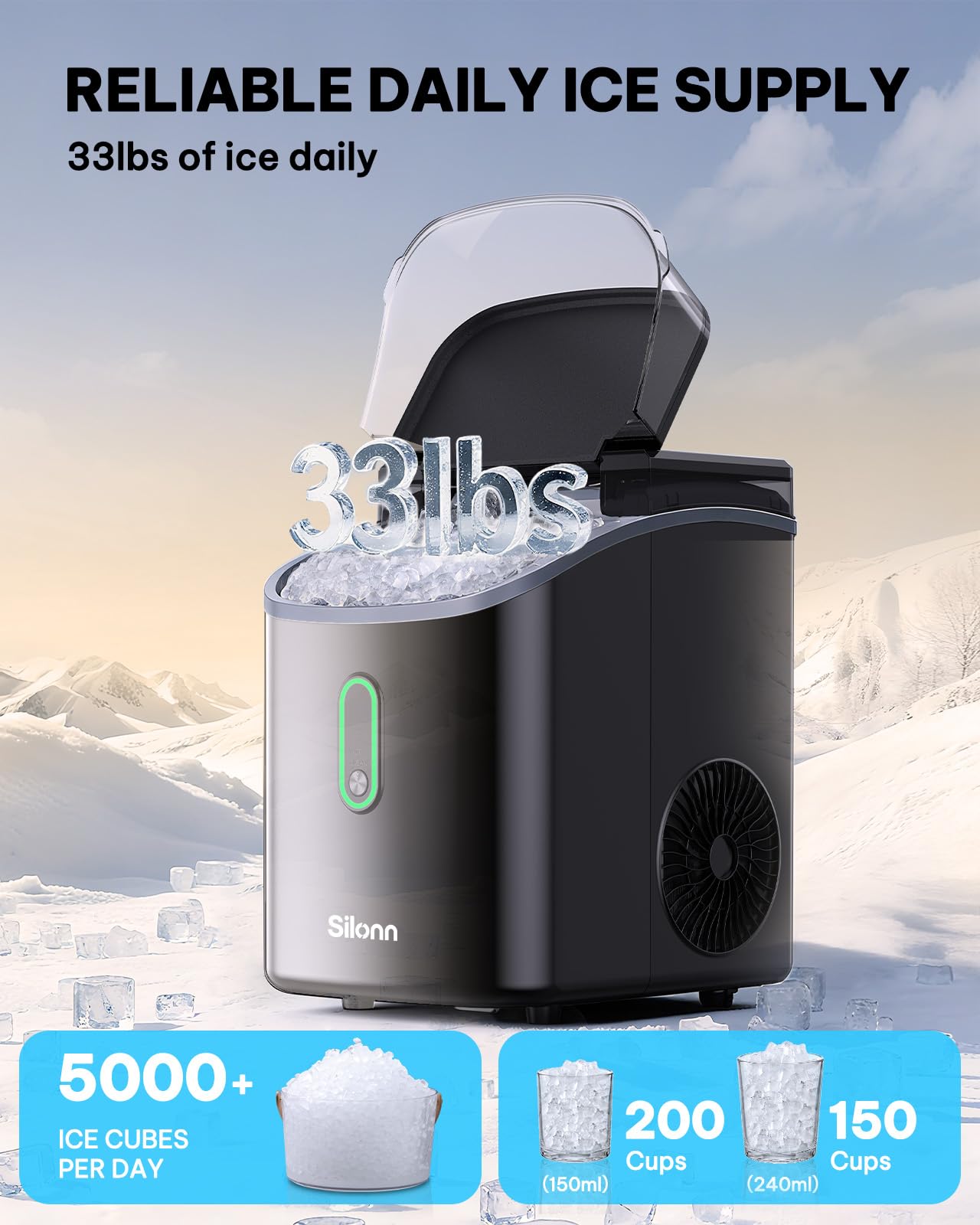 Silonn Nugget Ice Maker Countertop Pellet Machine with Self-Cleaning, Black | 36 lbs/24H, ice in 6 mins, soft chewable ice, removable cover, quiet operation, LED control panel, compact design