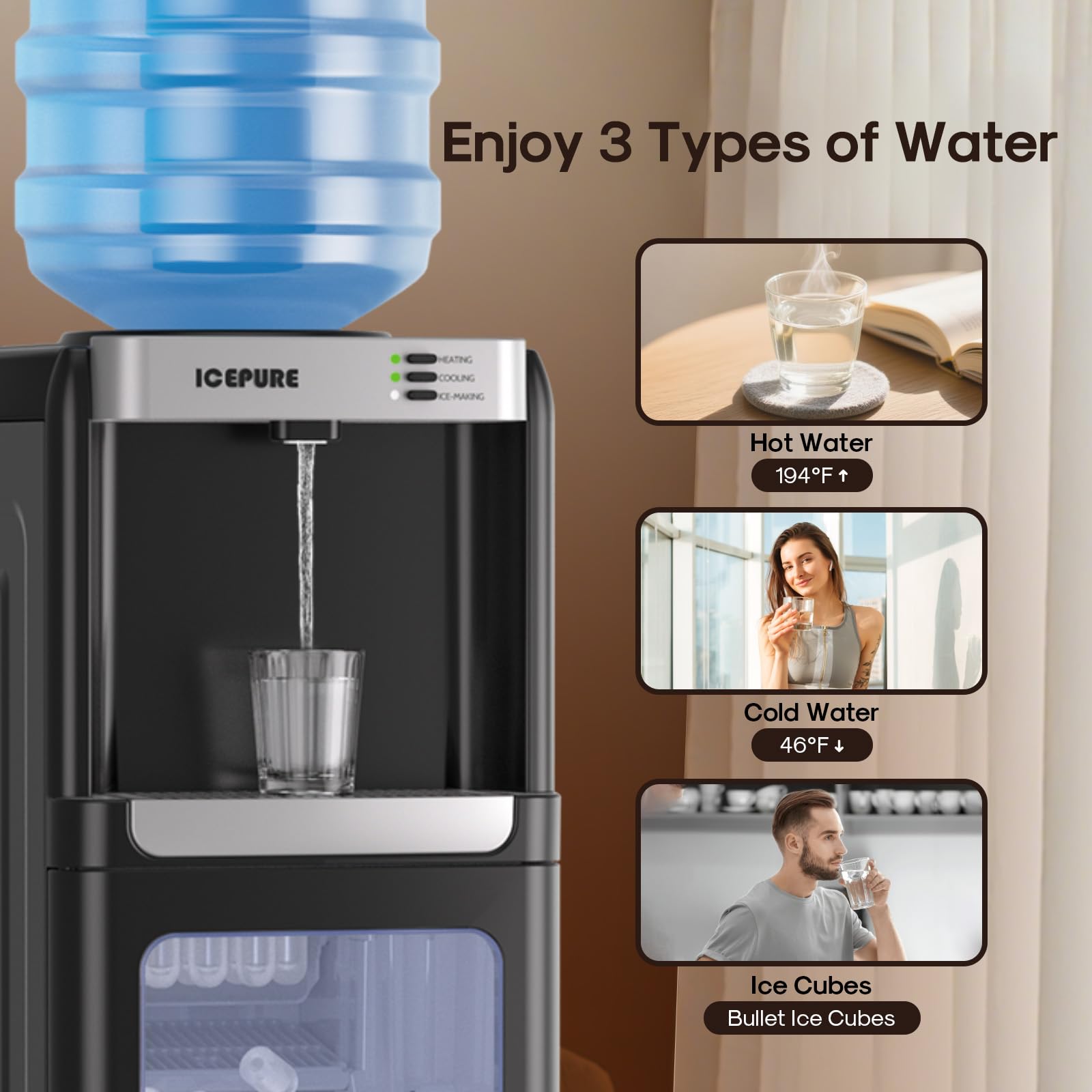 ICEPURE 3-in-1 Water Dispenser with Built-in Ice Maker, Water Cooler Dispenser for 5 Gallon Bottle Top Loading, Hot and Cold Water Dispenser with Child Lock for Home and Office, 33lbs/24H