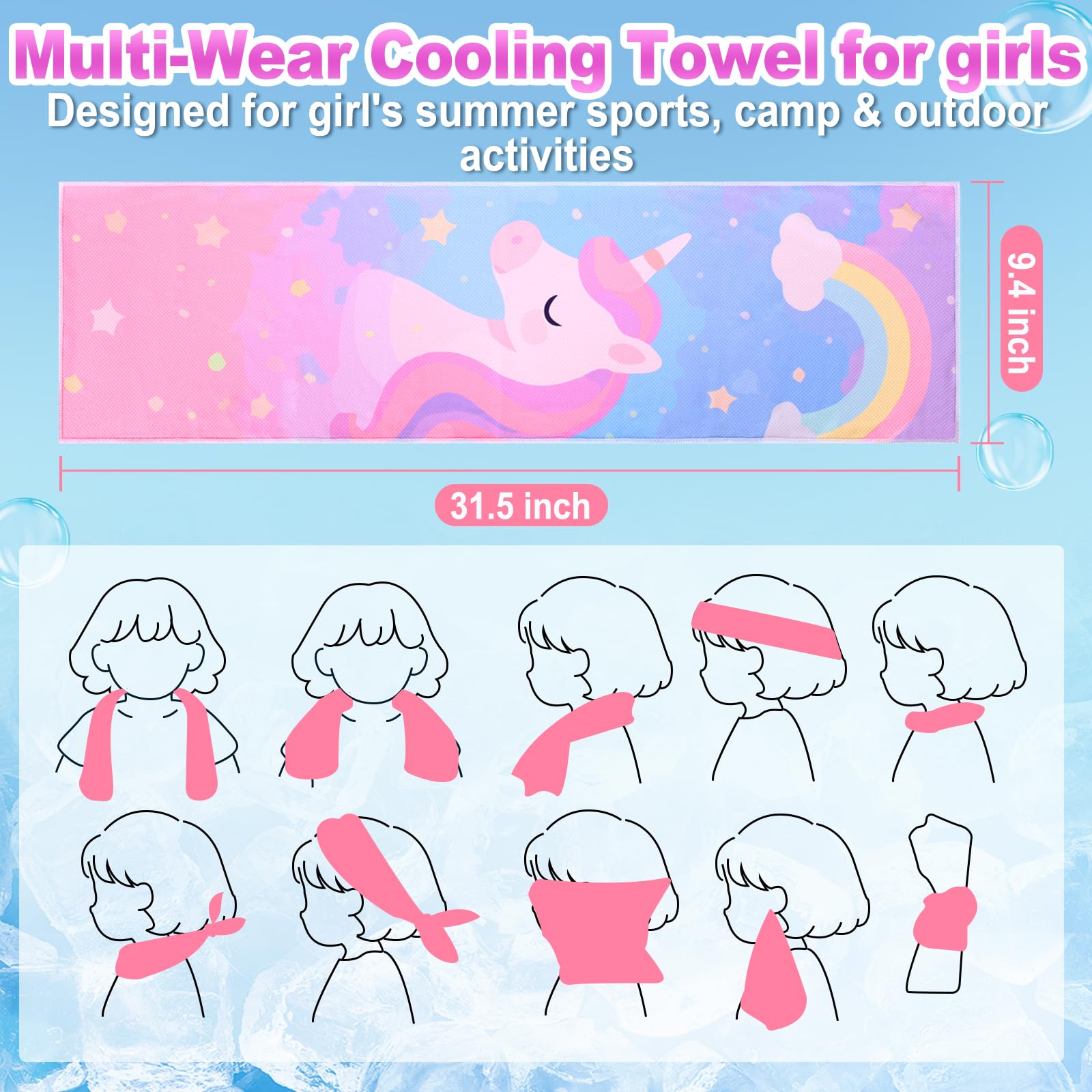 BobbleT 4 Pack Kids Cooling Towels, 30" x 9", Mini Cooling Towels for Neck and Face, Soft Breathable Cooling Neck Wraps for Girls, Ideal for Sports, School, Summer Camp & Outdoor Use