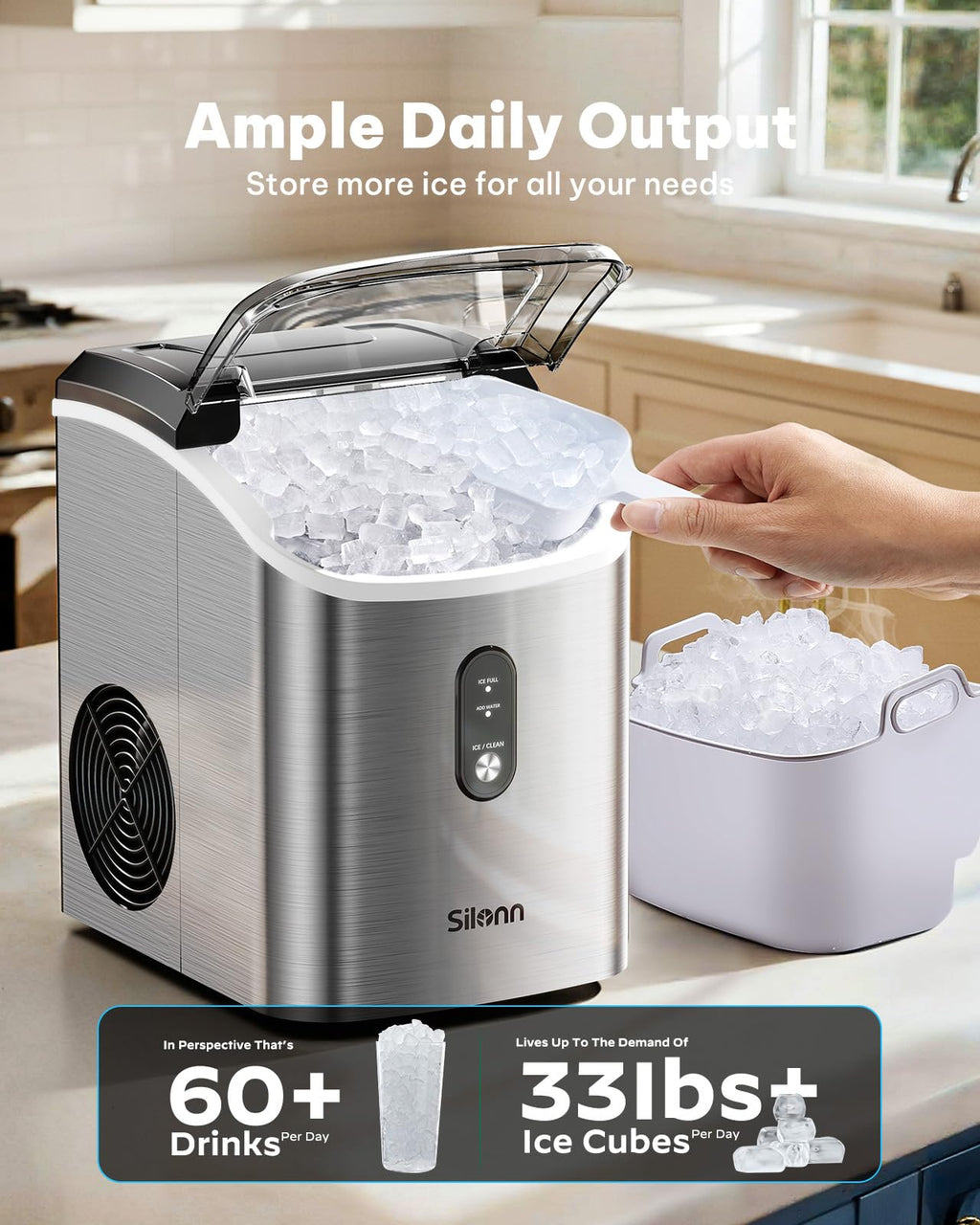 Silonn Nugget Ice Maker Countertop Pellet Machine with Self-Cleaning, Black | 36 lbs/24H, ice in 6 mins, soft chewable ice, removable cover, quiet operation, LED control panel, compact design
