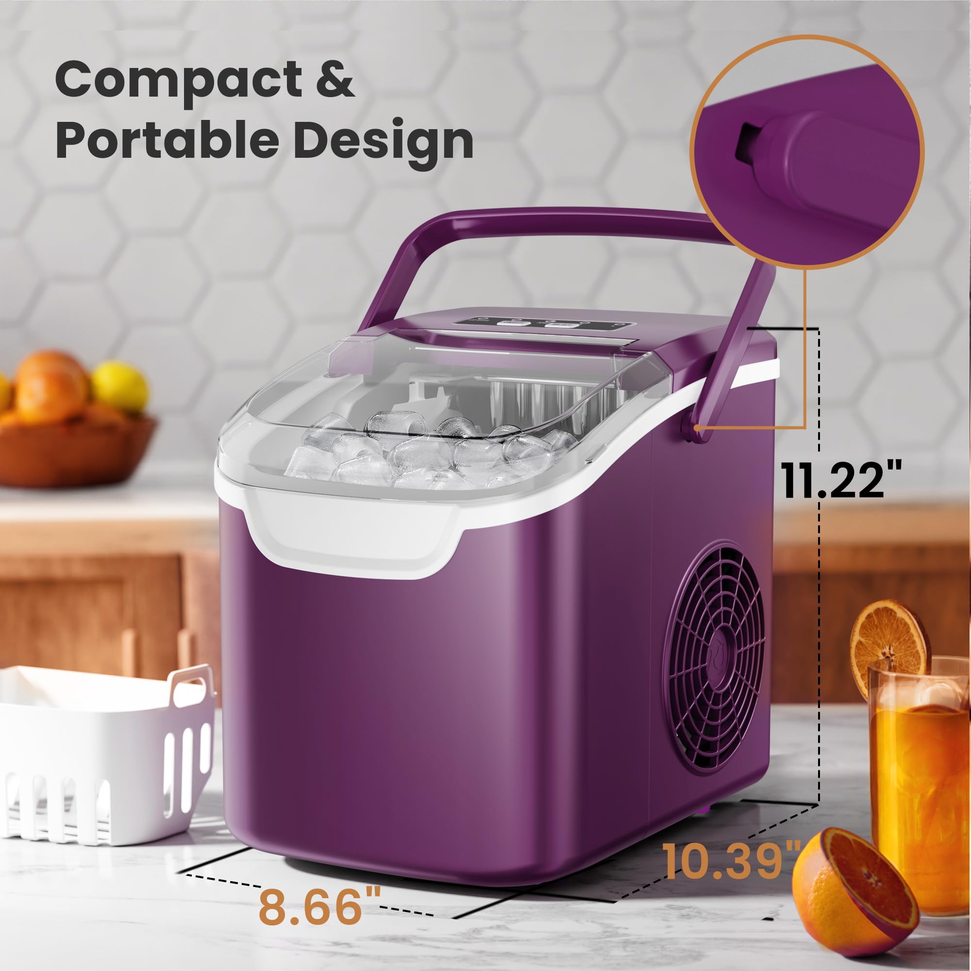 Countertop Portable Ice Maker Machine with Handle, 8 Bullet-Shaped Ice Cubes Ready in 6 Mins, 26Lbs/24H, Self-Cleaning Function with Ice Scoop and Basket for Home/Kitchen/Party (Black)