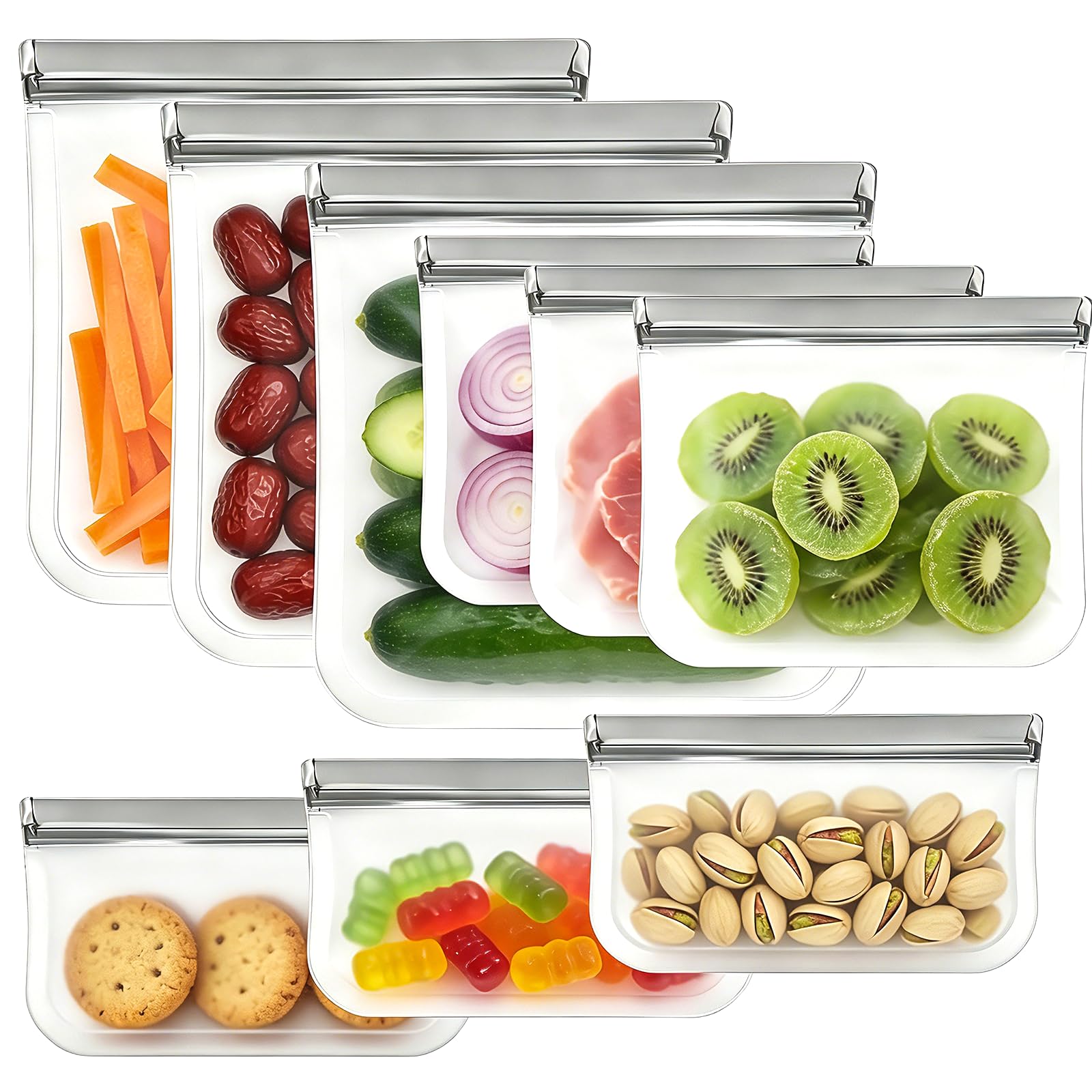 9 Pack Reusable Silicone Food Storage Bags - Freezer & Dishwasher Safe Leakproof Reusable Bags, Freezer Storage Bags Sets - 3 Gallon 3 Snack 3 Sandwich Bags