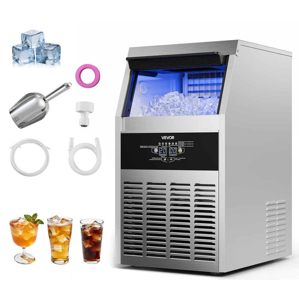VEVOR Commercial Ice Maker Machine, 80 lbs/24h with 13 lbs Storage Capacity, Countertop/Freestanding/Under Counter, Stainless Steel Ice Maker with LED Display & Self-Cleaning, for Home Bar Restaurant