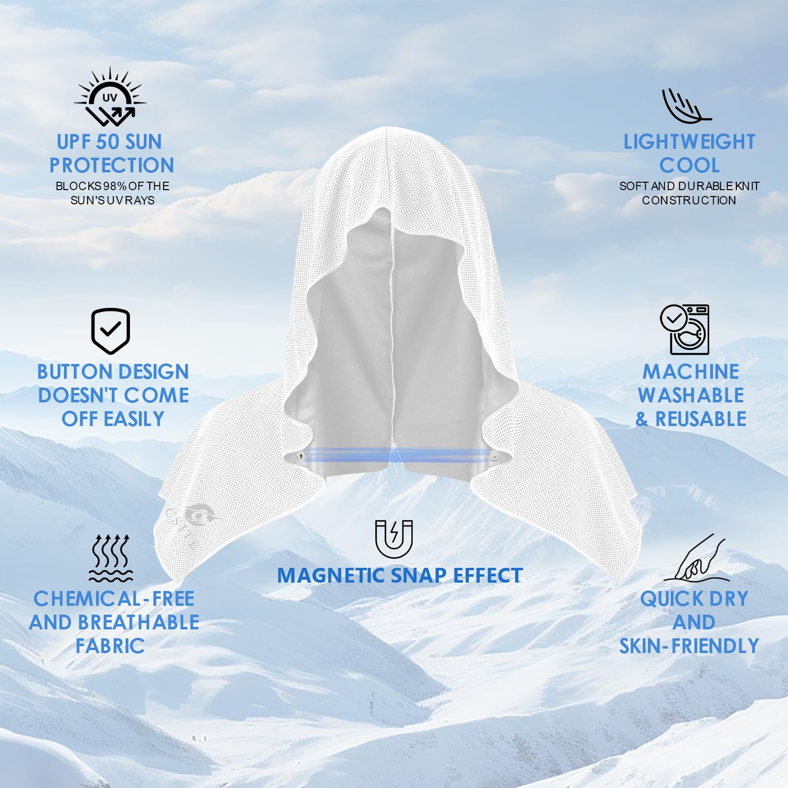 CSITE Cooling Hoodie Towels for Neck and Face, UPF 50 Sun Protection & Instant Cooling, Ice Towels for Hot Weather, Soft Breathable Towel for Sport, Work Out, Gym, Camping & More Activities（White）
