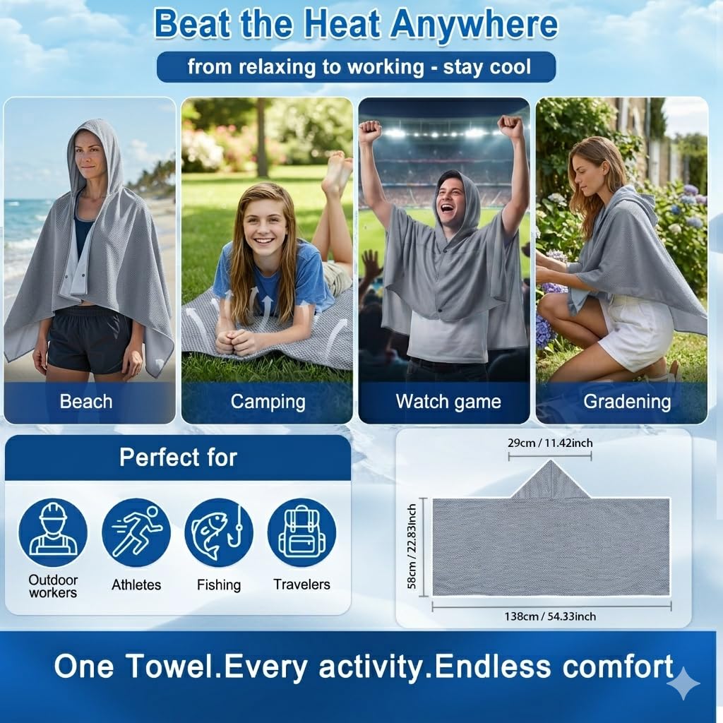 Upgrade Large Hoodie Cooling Towels - Double Layer Ice Beach Towel Wearable Shawl, Sun Proection Long-Lasting Heat Relief Cool for Yoga,Yard work Camping Beach & Summer Activities (Blue, 55*25inch)
