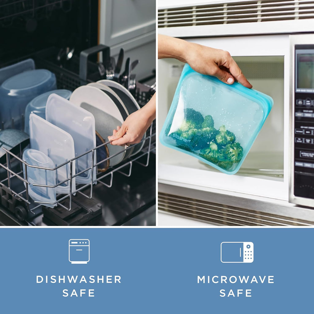 Stasher Silicone Reusable Storage Bag, Stand-Up Mid Bag, Reusable Freezer Bags, Microwave, Dishwasher, Oven Safe, Sous Vide, Premium Lunch Container, Eco Friendly, Food Storage Bags, 56 oz, Aqua