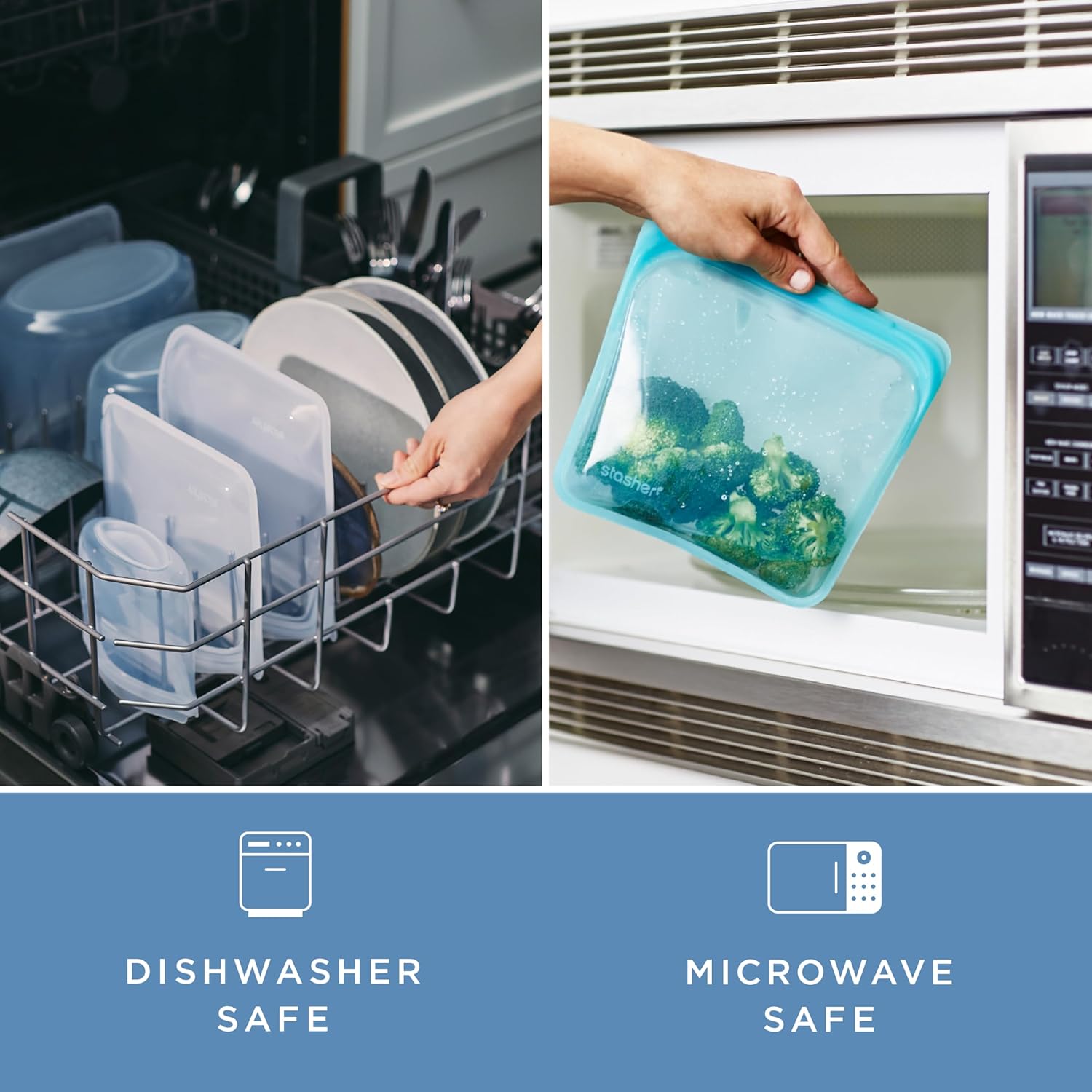 Stasher Silicone Reusable Storage Bag, Stand-Up Mid Bag, Reusable Freezer Bags, Microwave, Dishwasher, Oven Safe, Sous Vide, Premium Lunch Container, Eco Friendly, Food Storage Bags, 56 oz, Aqua