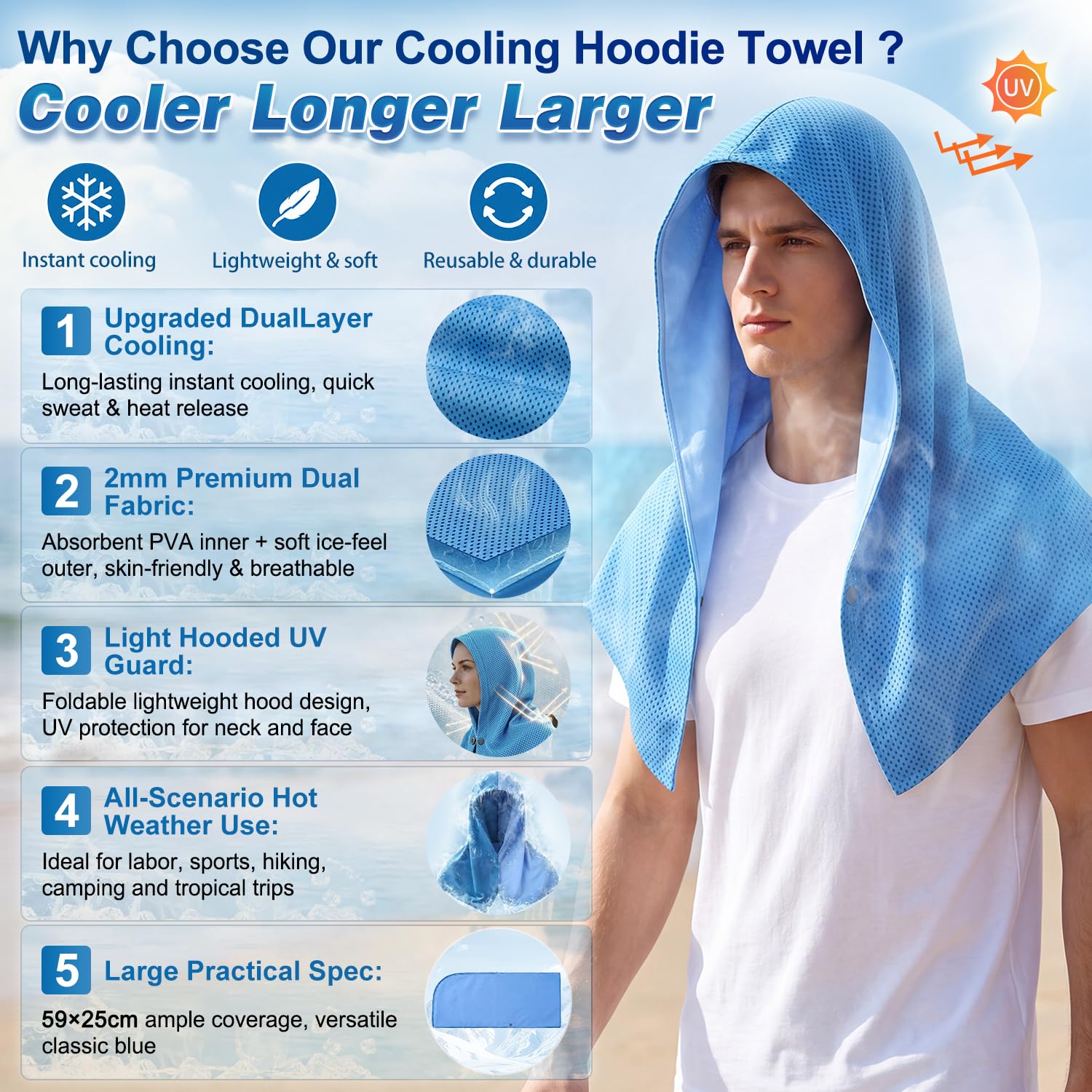 Upgraded PVA Cooling Hoodie Towels -UPF 50+ Sun Proteciton Instant Cooling Towel for Neck & Face,Sweat-Absorbent Ice Towel for Hot Weather, Sports, Camping, Cycling & Outdoor Activities (Blue)