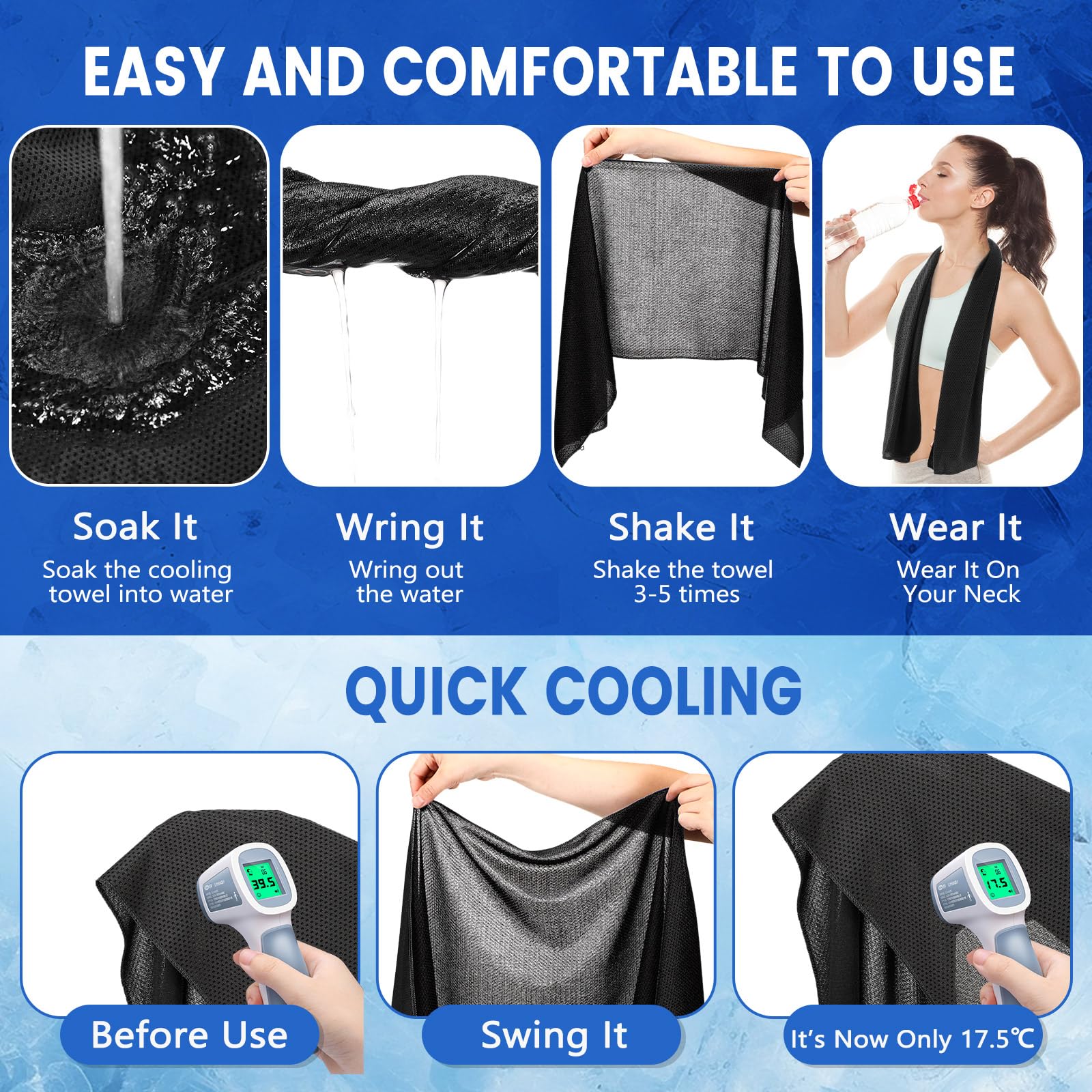 Hosuly 6 Pack Cooling Towels 40"x12" Ice Towel Cooling Neck Wraps Soft Breathable Chilly Stay Cool in Summer for Sports Yoga Golf Gym Activities(Black)