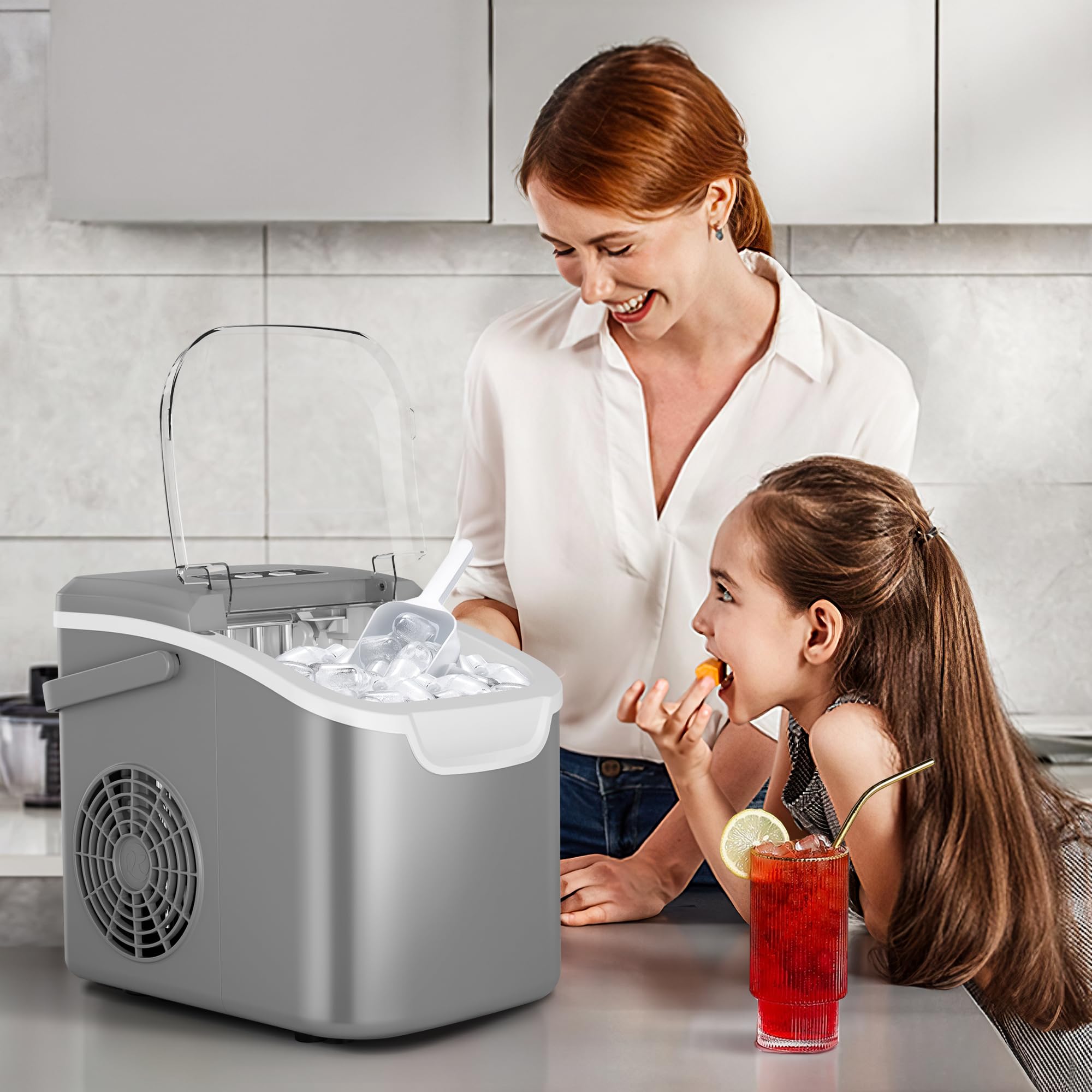 Countertop Portable Ice Maker Machine with Handle, 8 Bullet-Shaped Ice Cubes Ready in 6 Mins, 26Lbs/24H, Self-Cleaning Function with Ice Scoop and Basket for Home/Kitchen/Party (Black)