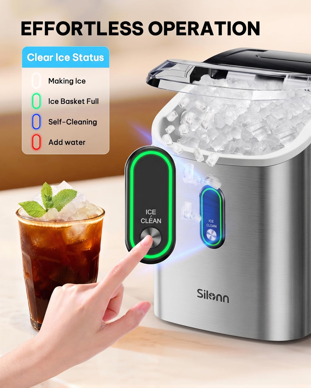Silonn Nugget Ice Maker Countertop Pellet Machine with Self-Cleaning, Black | 36 lbs/24H, ice in 6 mins, soft chewable ice, removable cover, quiet operation, LED control panel, compact design