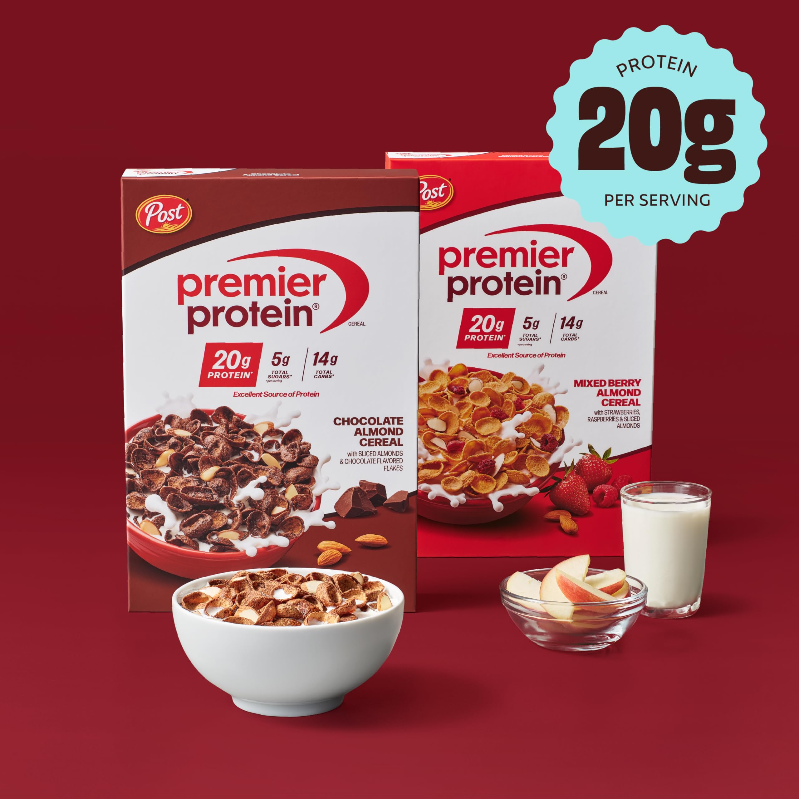 Premier Protein Chocolate Almond Cereal, Chocolatey Protein Cereal Flakes with Sliced Almonds, Contains 20g of Protein Per Serving, 9 OZ Box (Pack of 2)